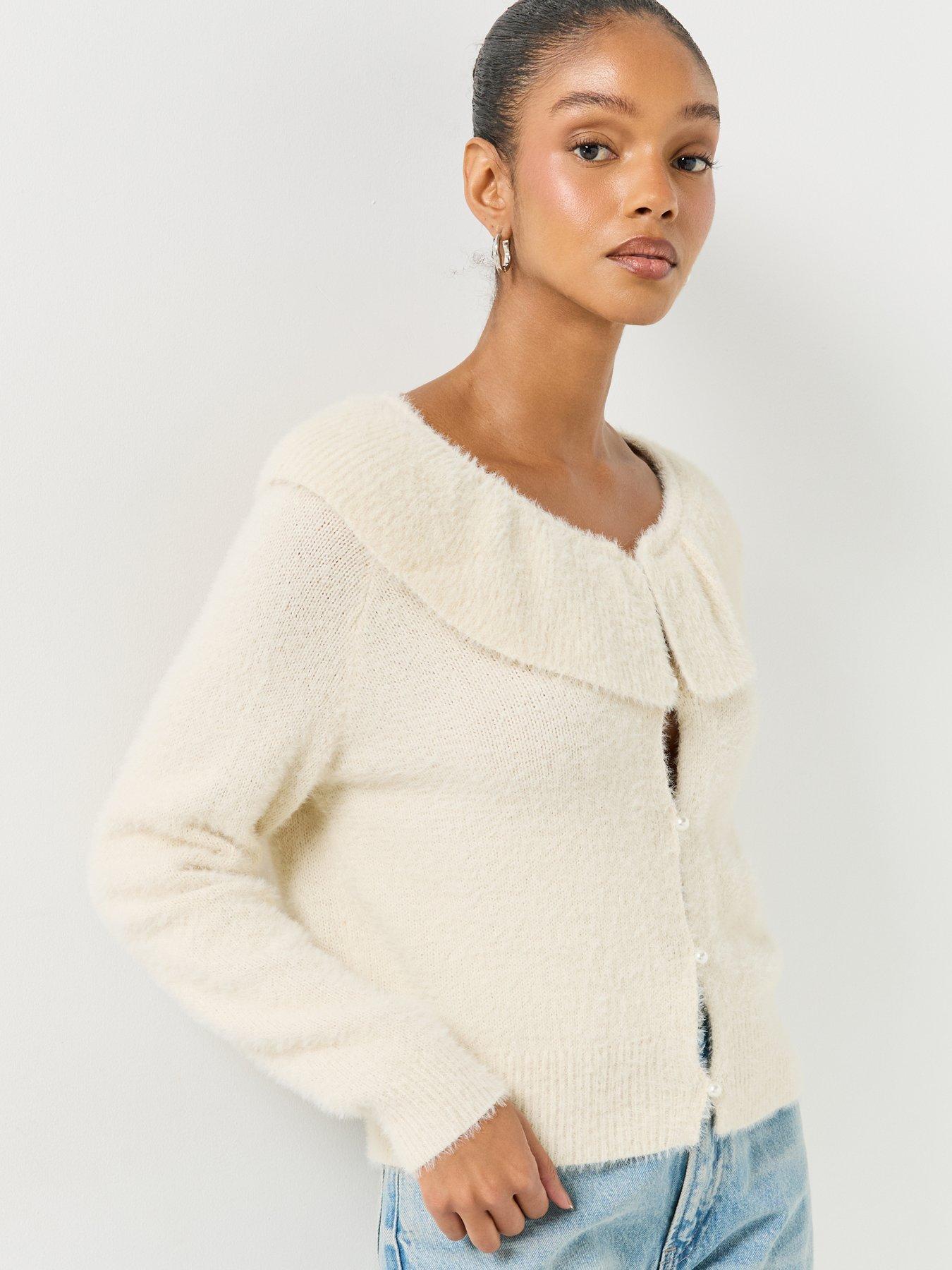 Image 5 of 6 of Vero Moda Womens PUFF Ruffle Collar V-Neck Cardigan - Beige
