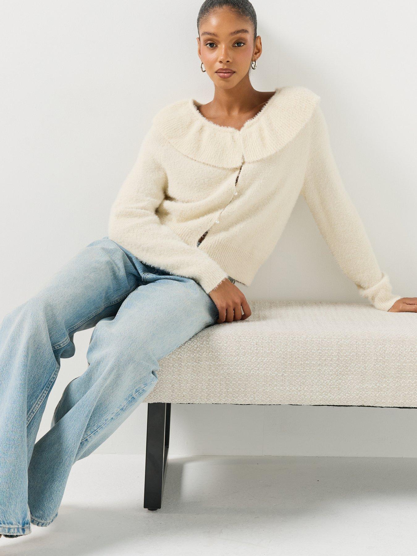 Image 6 of 6 of Vero Moda Womens PUFF Ruffle Collar V-Neck Cardigan - Beige