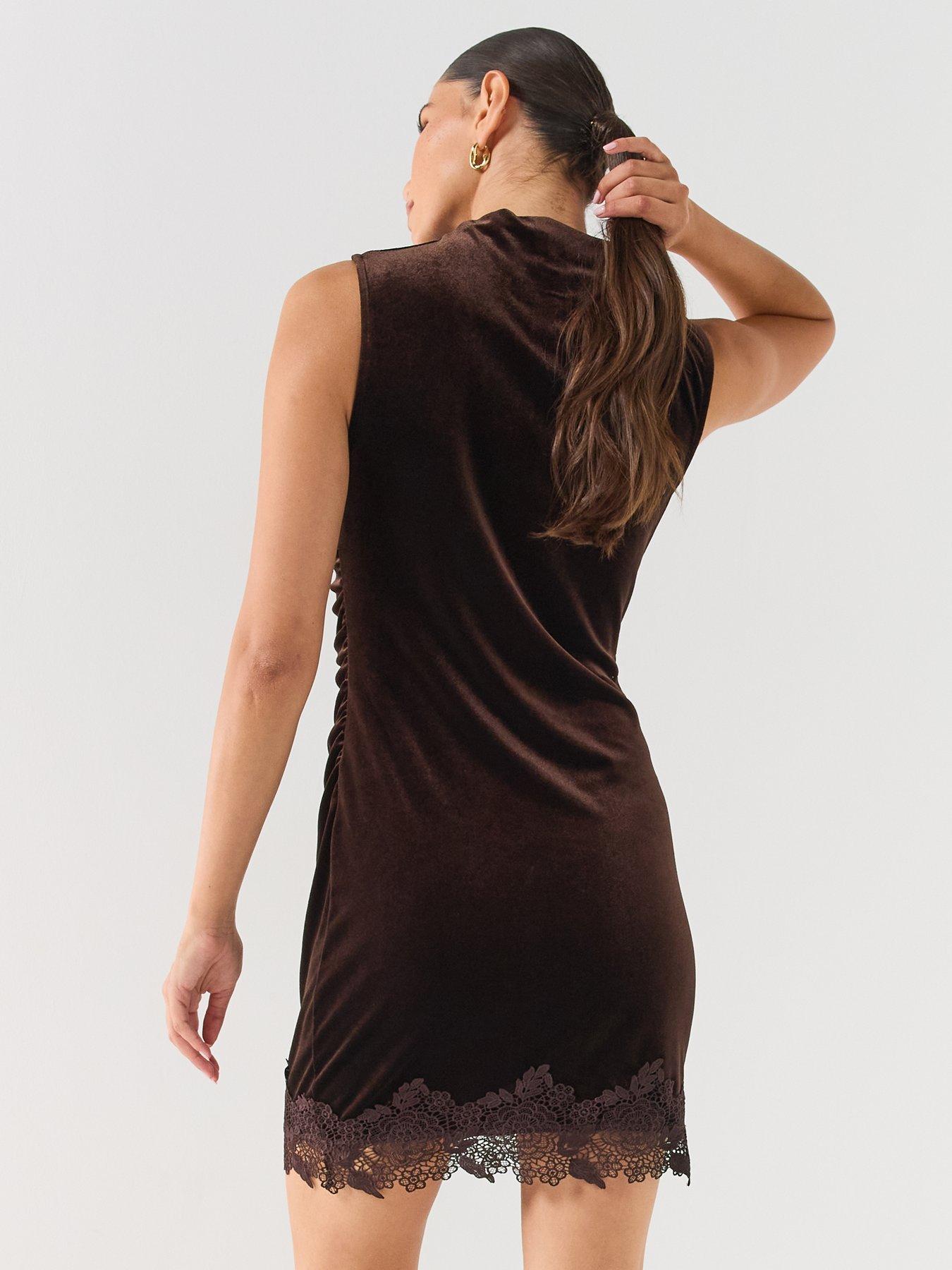 Image 2 of 6 of Vero Moda Womens Chloe High Neck Lace Hem Mini Dress - Brown