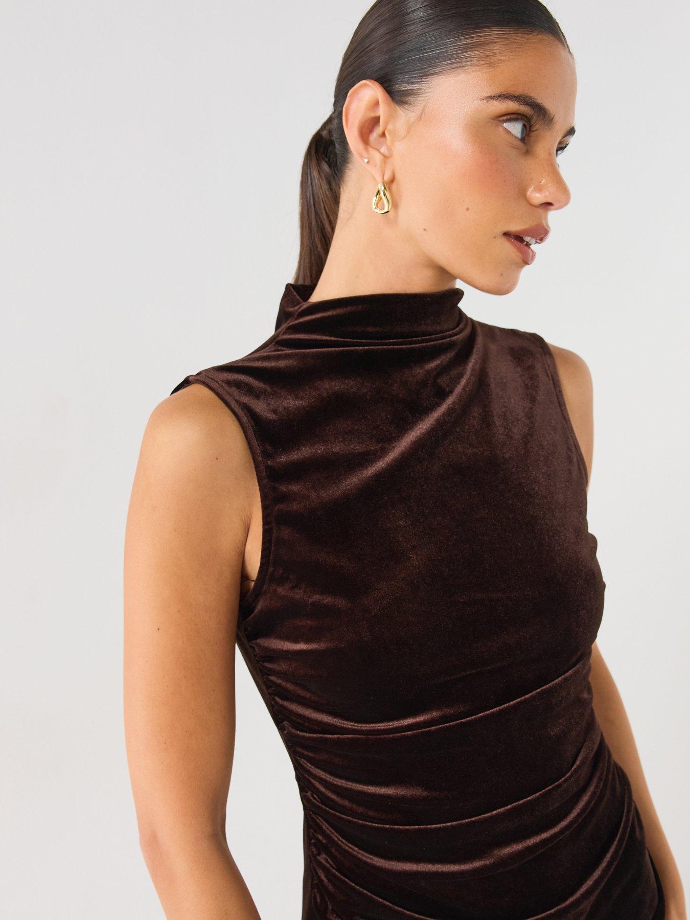 Image 4 of 6 of Vero Moda Womens Chloe High Neck Lace Hem Mini Dress - Brown