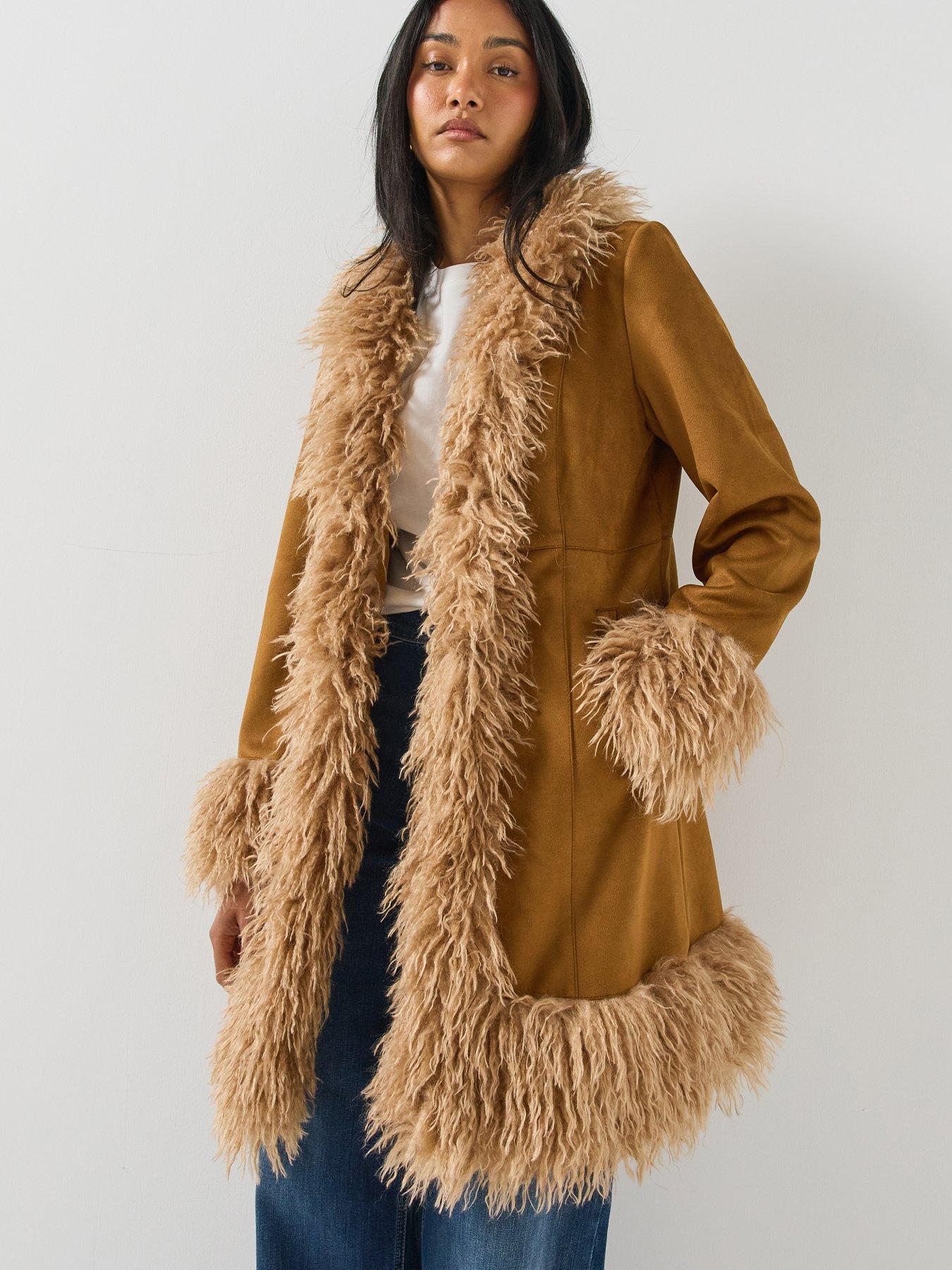 Image 1 of 6 of Only Womens ONLBlair Afgan Fur Trim Longline Open-Front Jacket - Brown