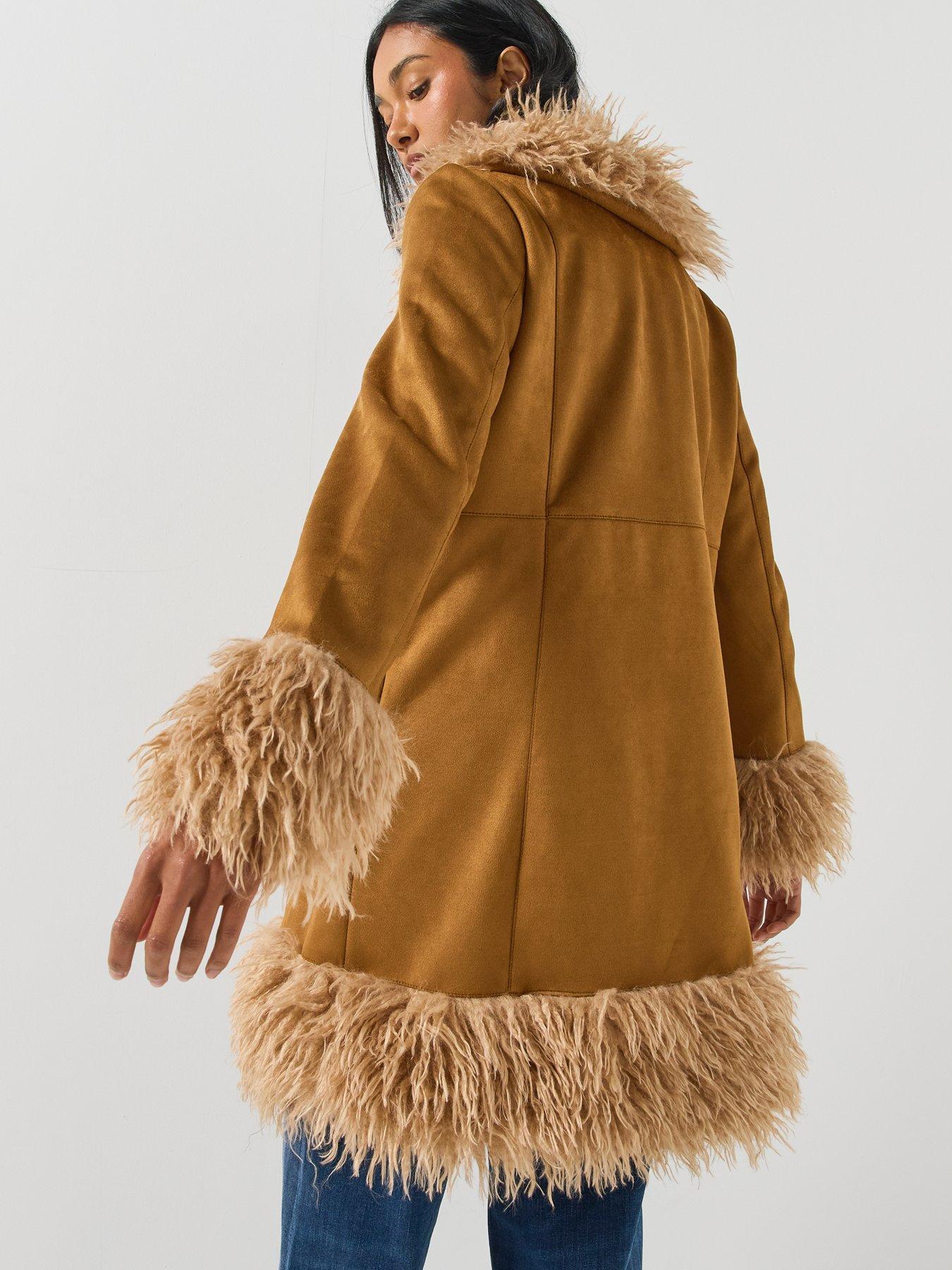 Image 2 of 6 of Only Womens ONLBlair Afgan Fur Trim Longline Open-Front Jacket - Brown