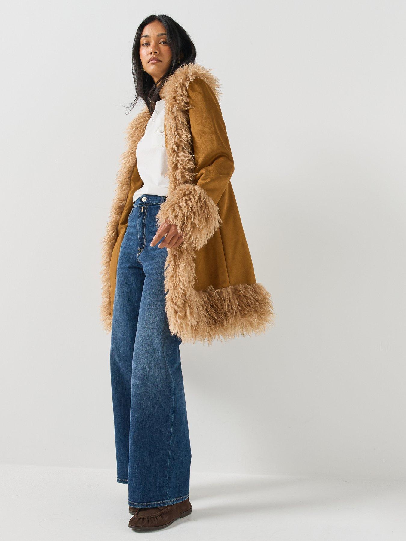 Image 3 of 6 of Only Womens ONLBlair Afgan Fur Trim Longline Open-Front Jacket - Brown