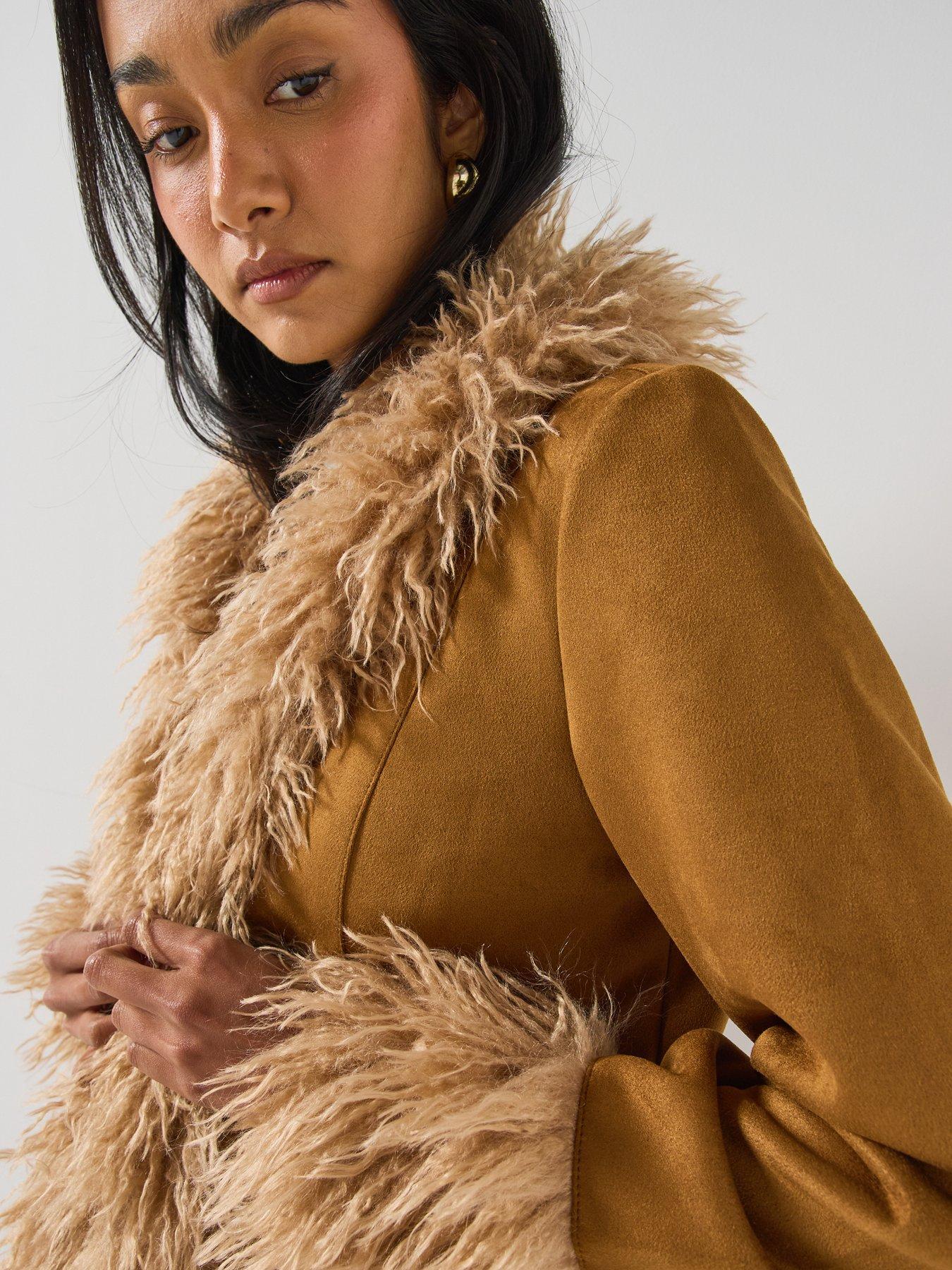 Image 4 of 6 of Only Womens ONLBlair Afgan Fur Trim Longline Open-Front Jacket - Brown