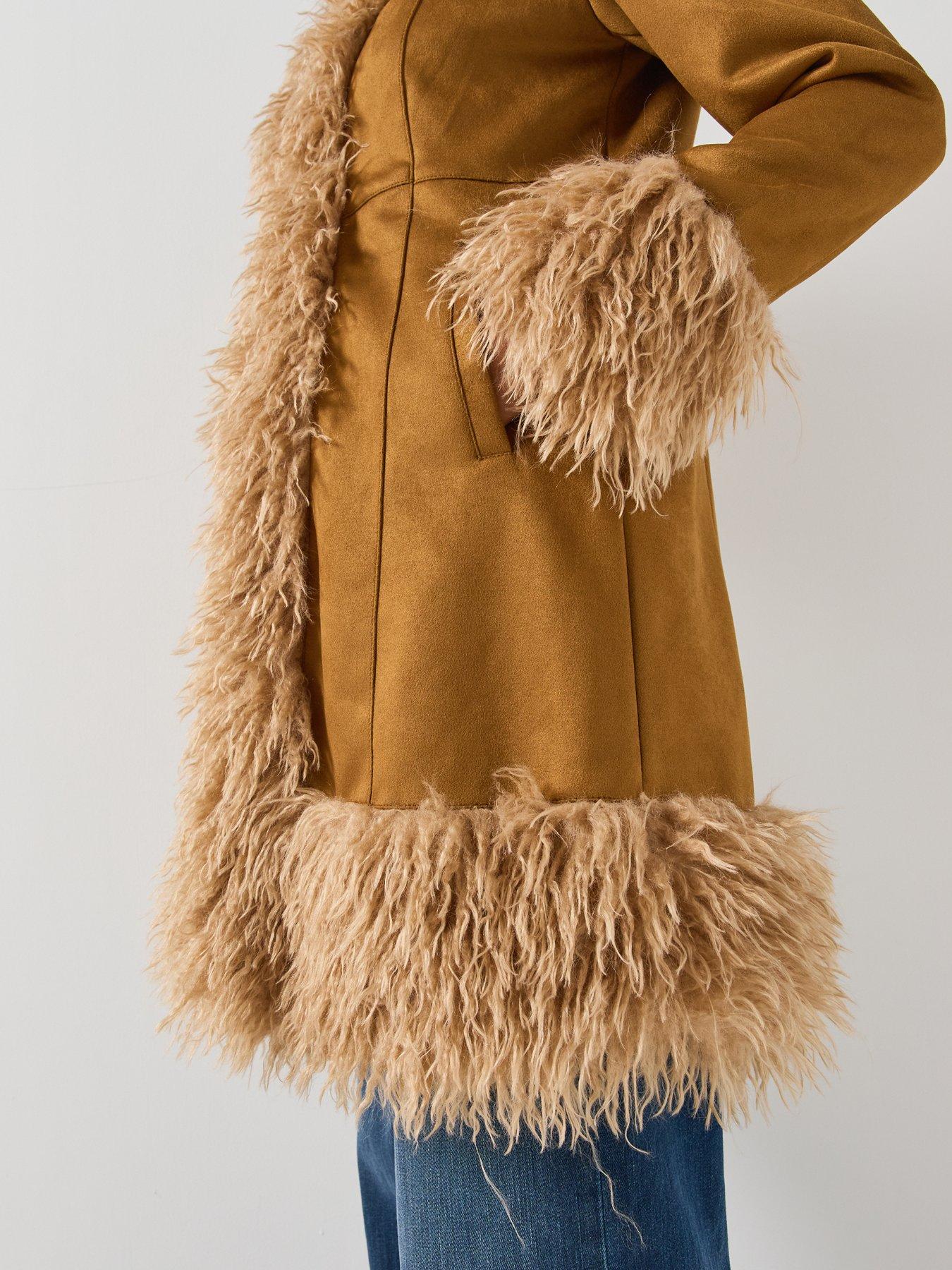 Image 5 of 6 of Only Womens ONLBlair Afgan Fur Trim Longline Open-Front Jacket - Brown