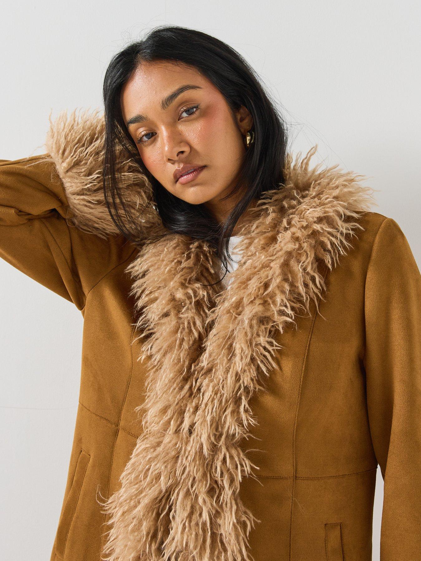 Image 6 of 6 of Only Womens ONLBlair Afgan Fur Trim Longline Open-Front Jacket - Brown