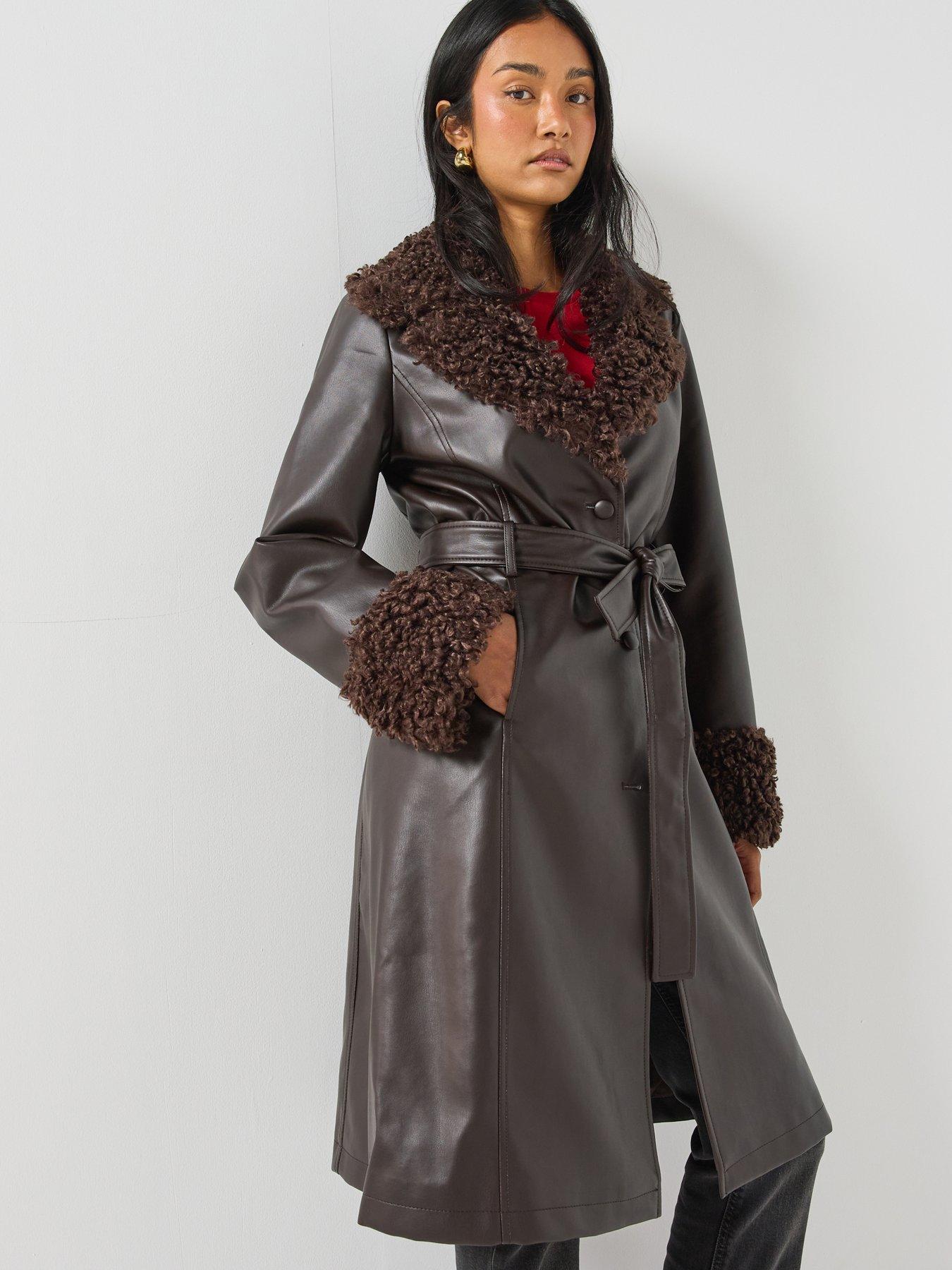 Image 1 of 6 of Only Womens Marlee Faux Fur Trim Belted Jacket - Brown