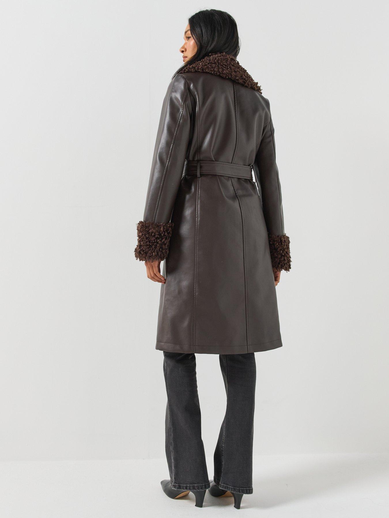 Image 2 of 6 of Only Womens Marlee Faux Fur Trim Belted Jacket - Brown