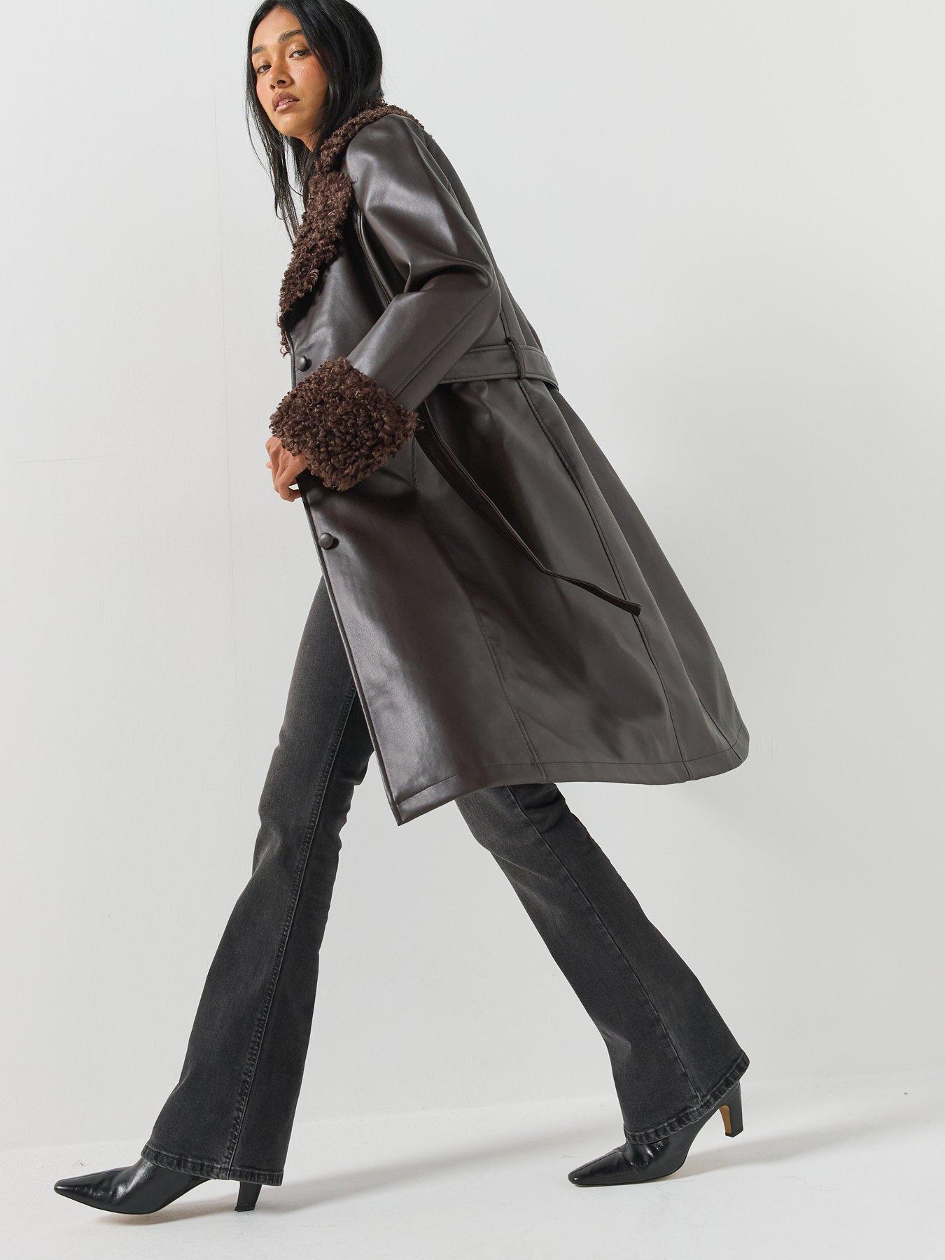 Image 3 of 6 of Only Womens Marlee Faux Fur Trim Belted Jacket - Brown