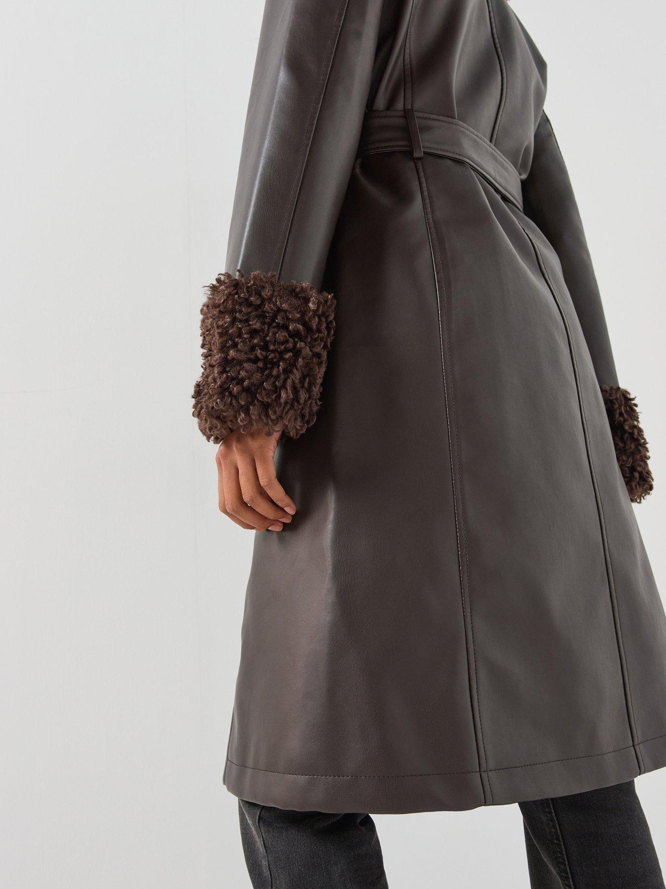 Image 4 of 6 of Only Womens Marlee Faux Fur Trim Belted Jacket - Brown