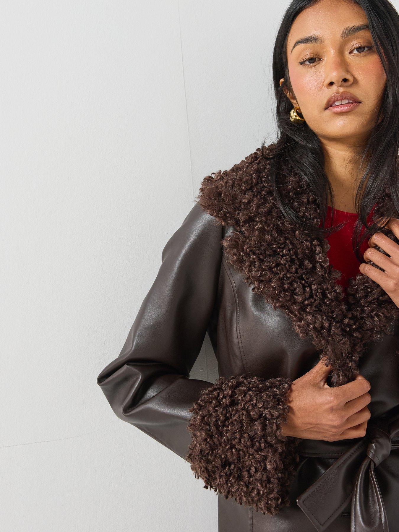 Image 5 of 6 of Only Womens Marlee Faux Fur Trim Belted Jacket - Brown
