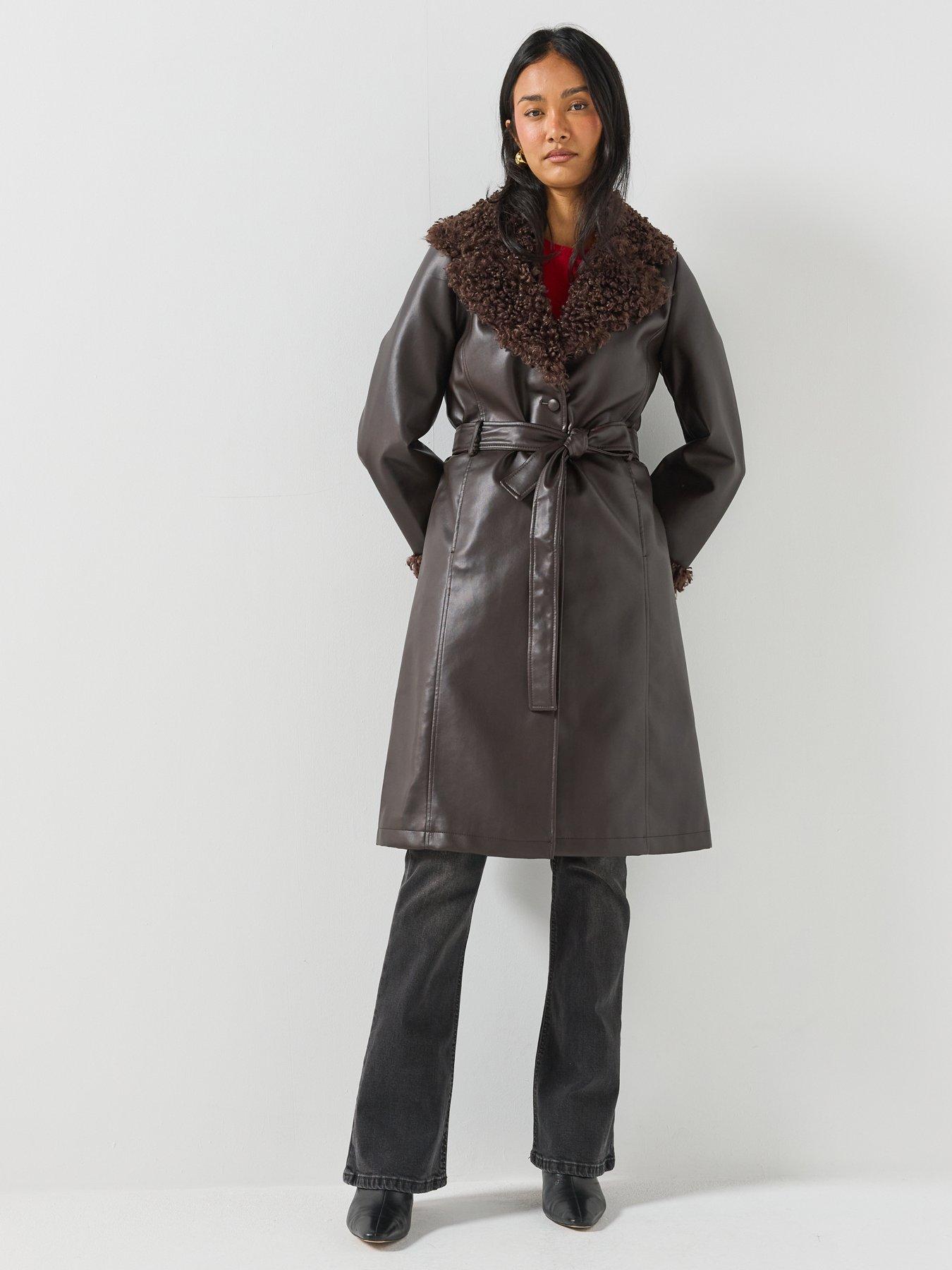 Image 6 of 6 of Only Womens Marlee Faux Fur Trim Belted Jacket - Brown