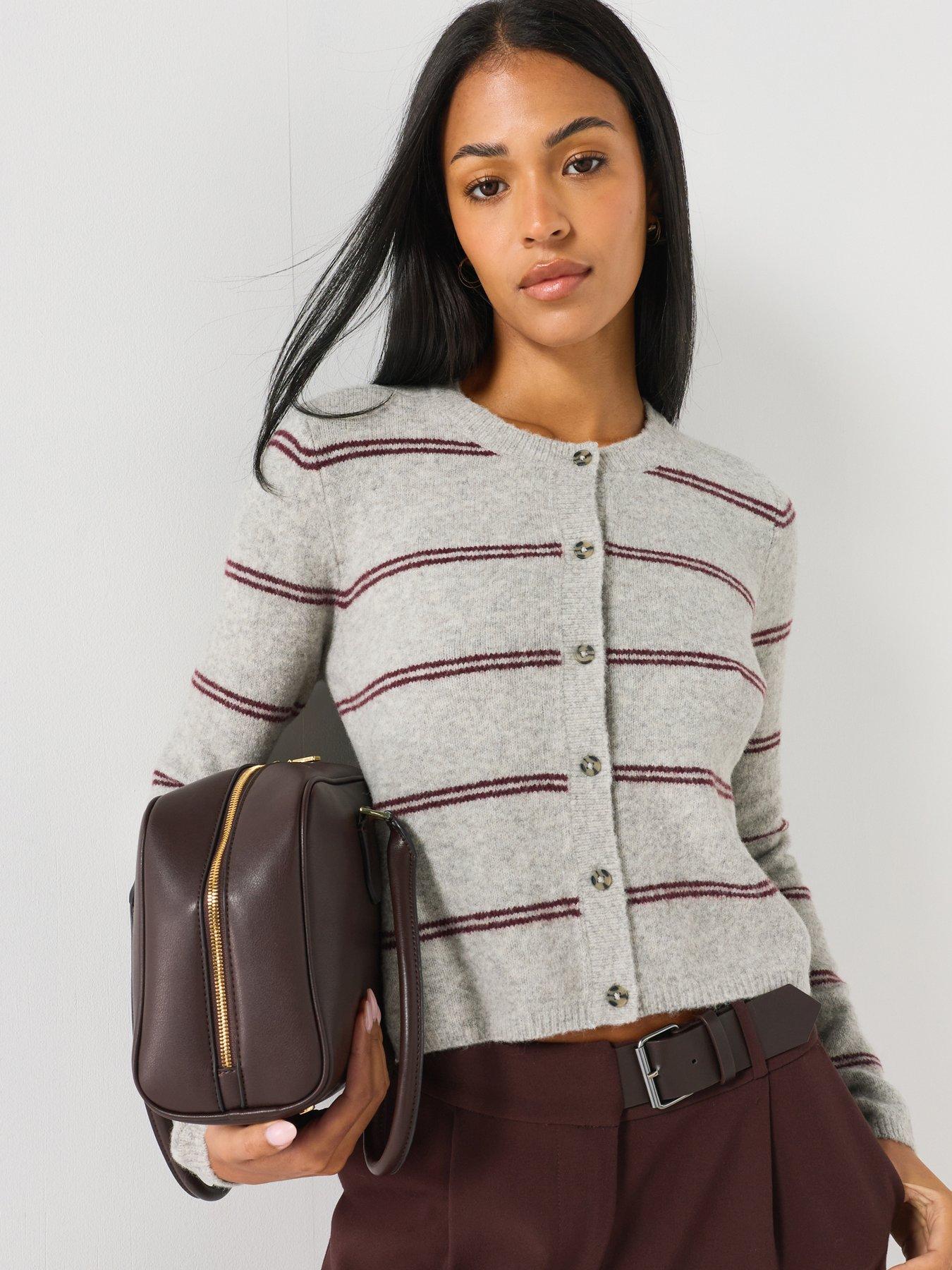 Image 1 of 5 of JDY Womens Jdychloe Button Through Stripe Cardigan - Grey