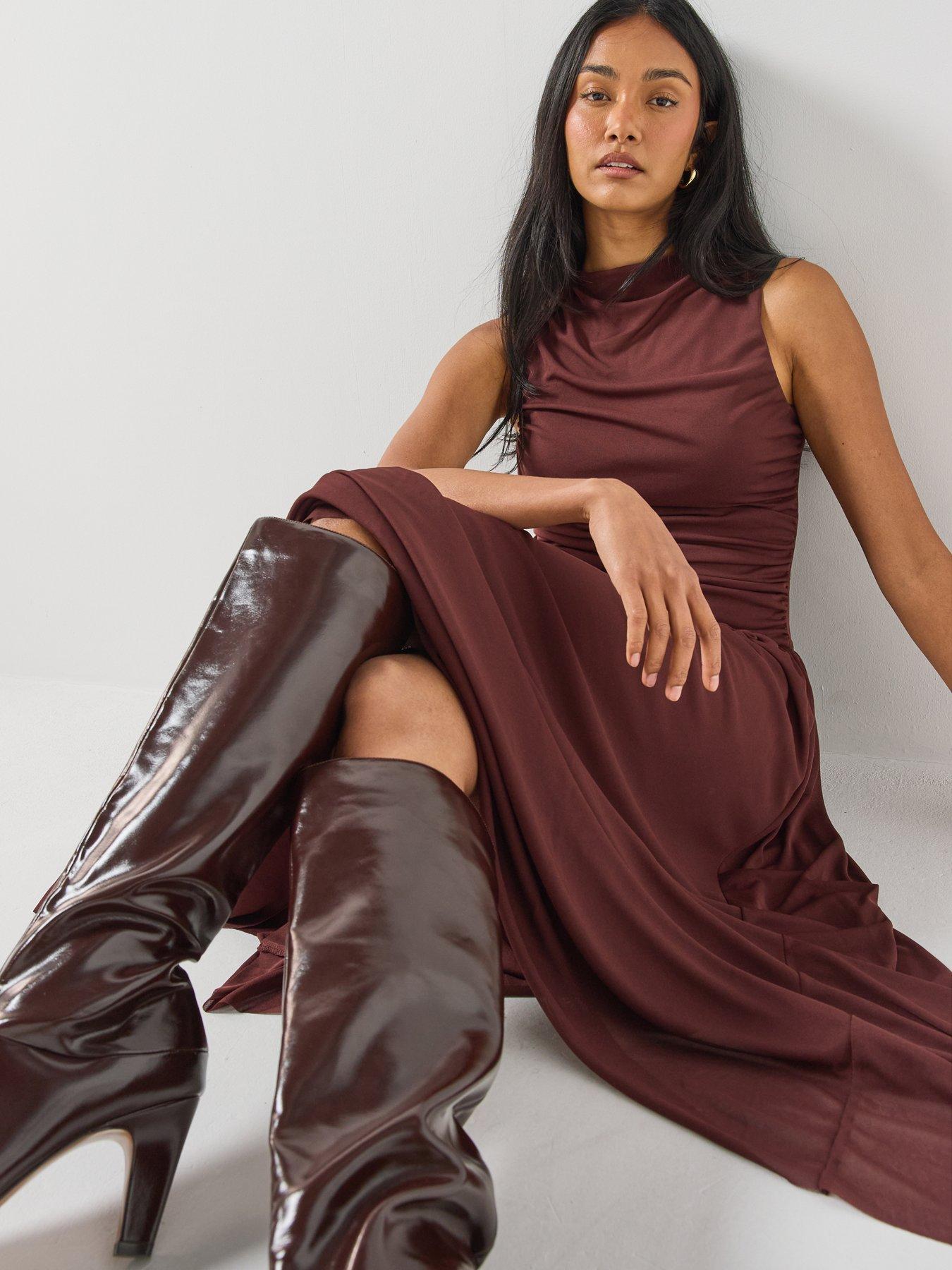 Image 4 of 6 of JDY Womens Ruched High Neck Maxi Dress - Brown