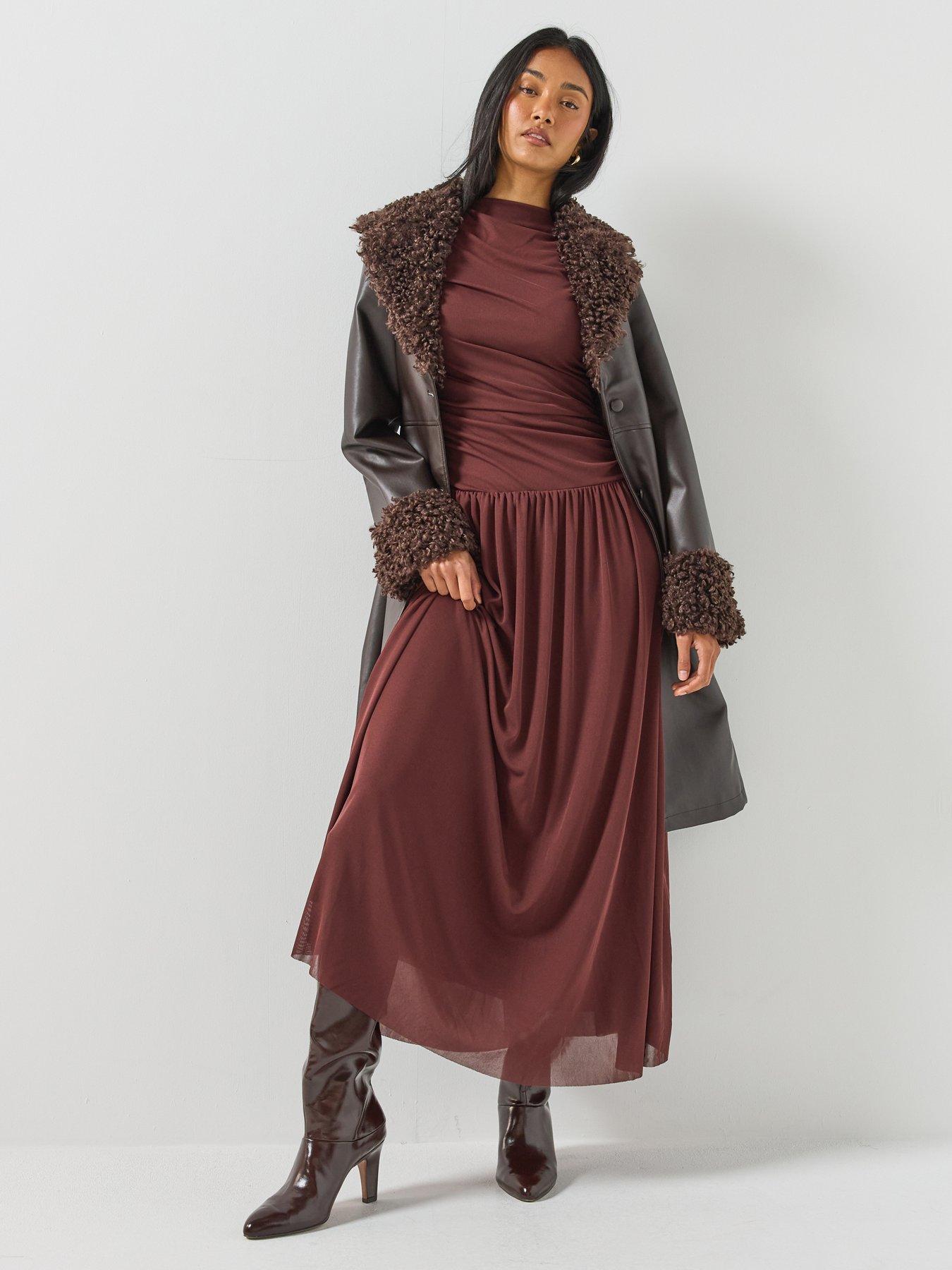 Image 6 of 6 of JDY Womens Ruched High Neck Maxi Dress - Brown