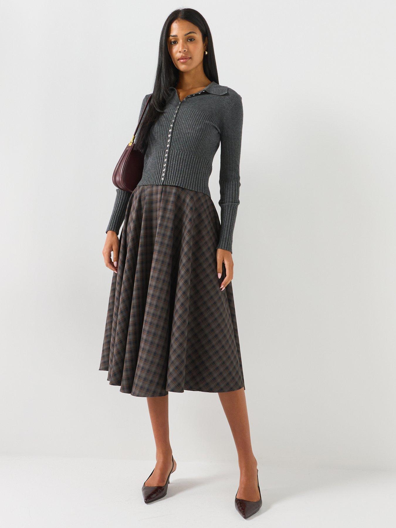 Image 3 of 4 of JDY Womens Checked Flared Midi Skirt - Grey