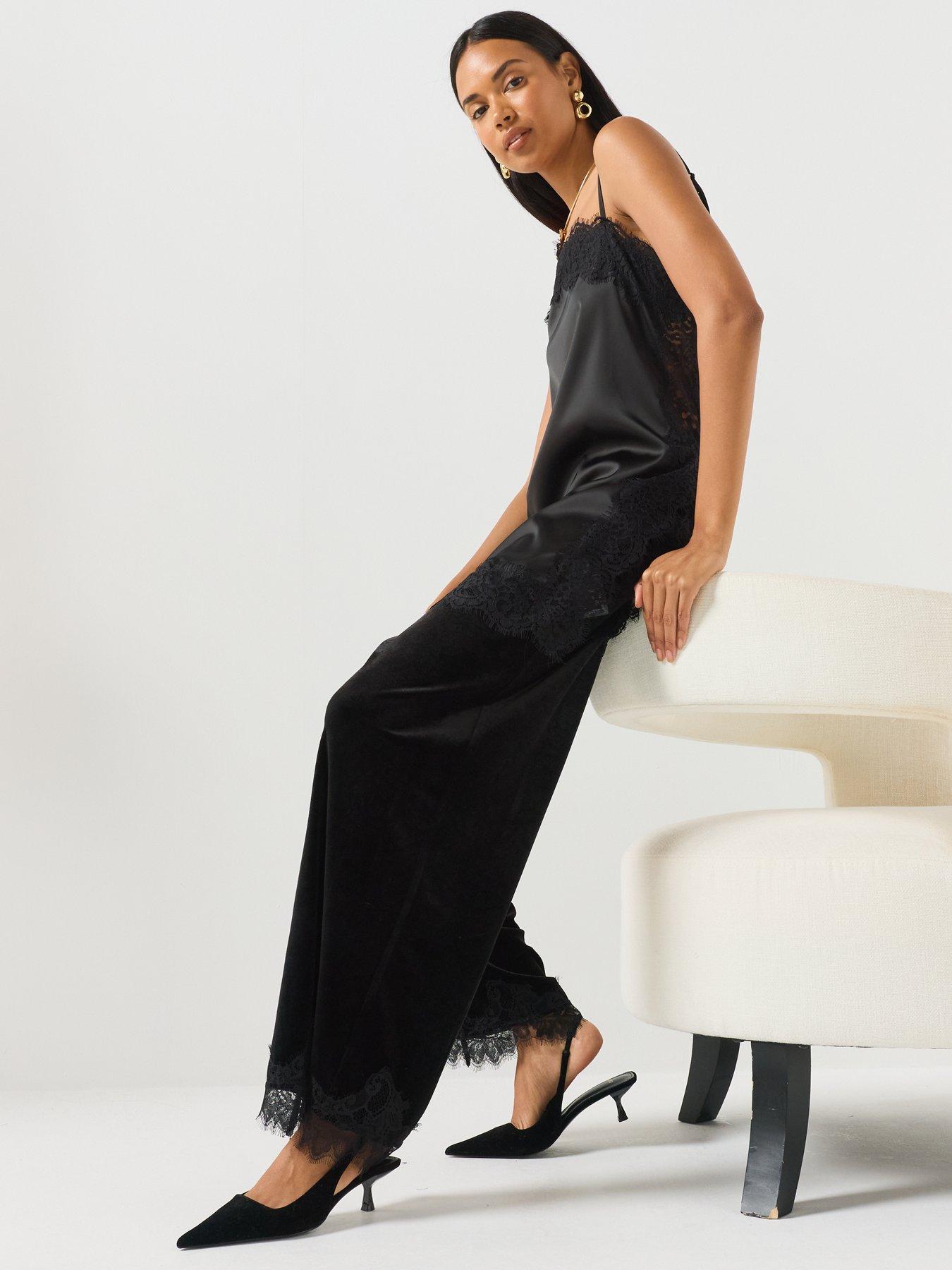 Image 3 of 5 of JDY Womens Velvet Lace Hem Wide Leg Trousers - Black