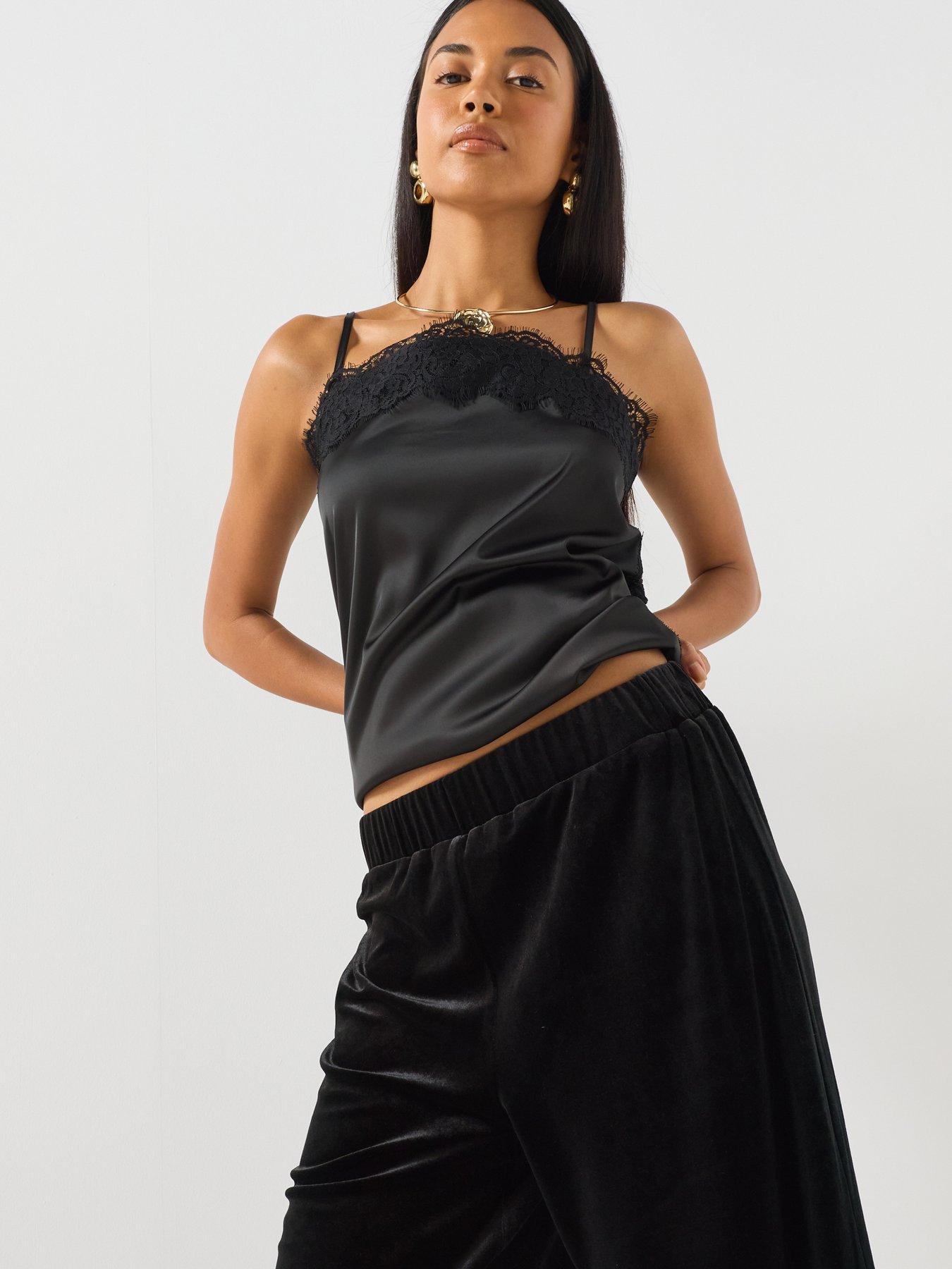 Image 4 of 5 of JDY Womens Velvet Lace Hem Wide Leg Trousers - Black