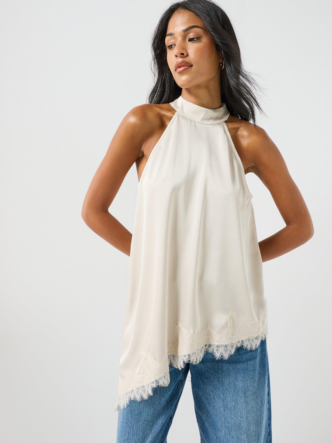 Image 1 of 6 of JDY Womens Halterneck Lace Hem Blouse - Cream