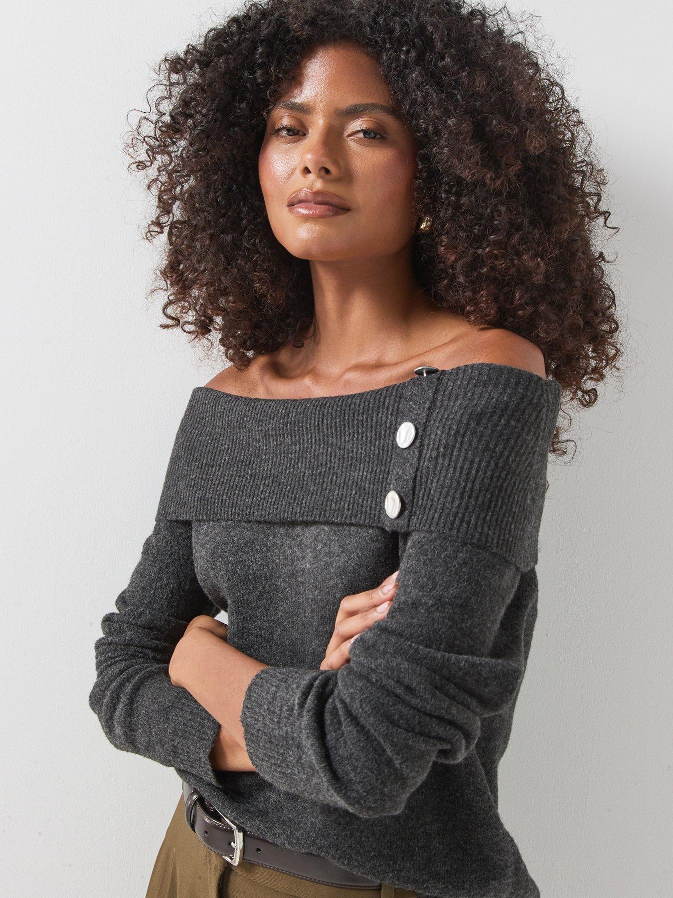 Image 1 of 5 of JDY Womens Aliana &nbsp;Off-Shoulder Stretch Melange Jumper - Grey