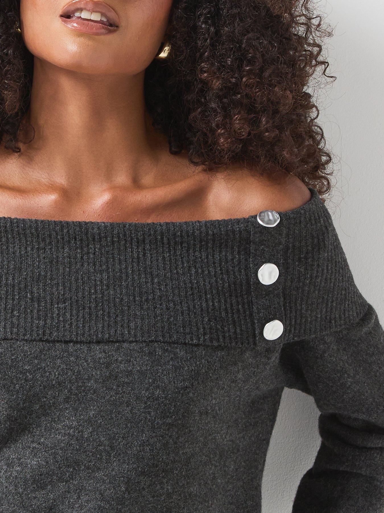 Image 4 of 5 of JDY Womens Aliana &nbsp;Off-Shoulder Stretch Melange Jumper - Grey