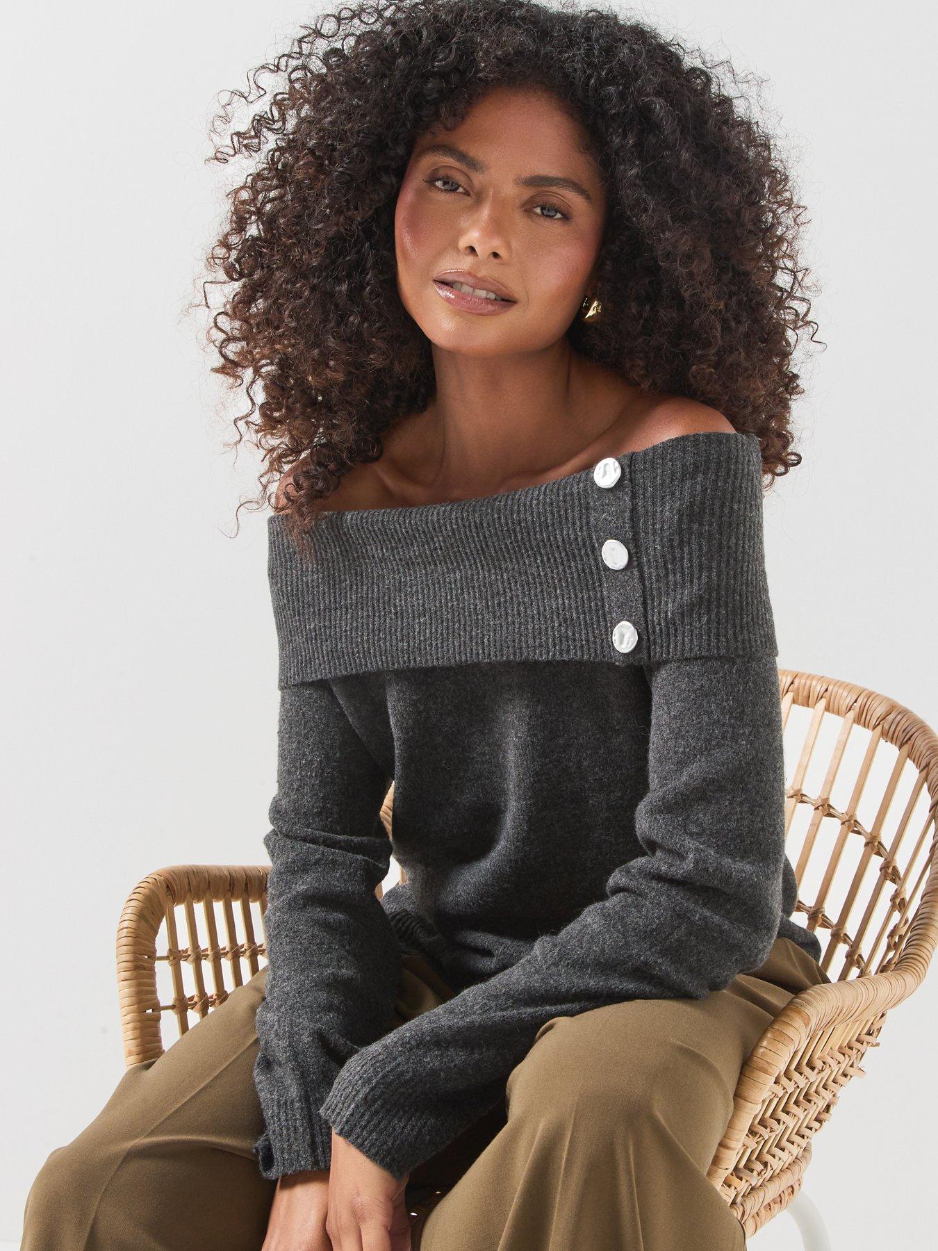 Image 5 of 5 of JDY Womens Aliana &nbsp;Off-Shoulder Stretch Melange Jumper - Grey