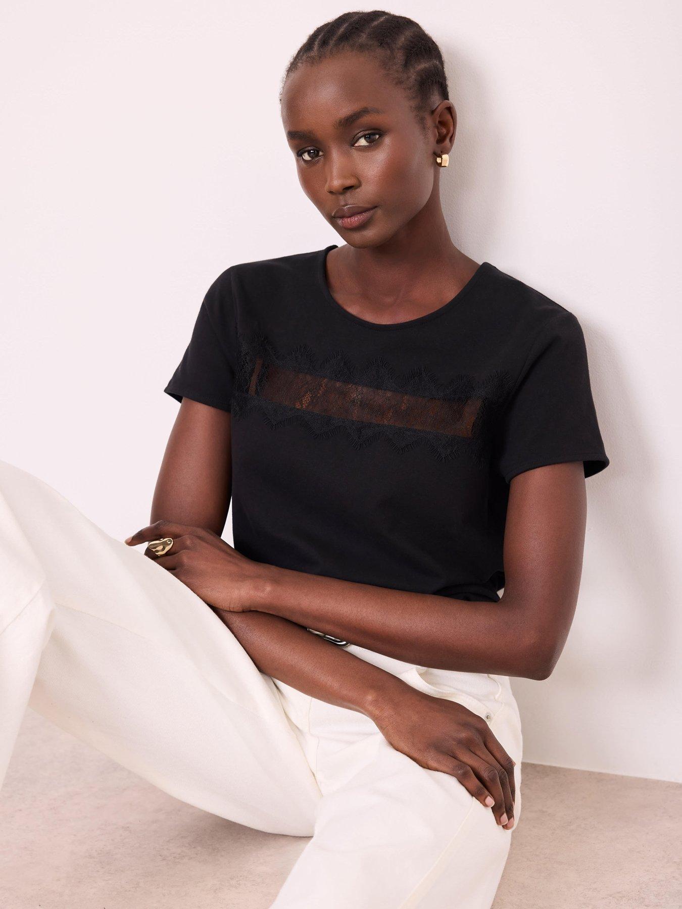 Mint Velvet Lace Trim T-Shirt - Black
