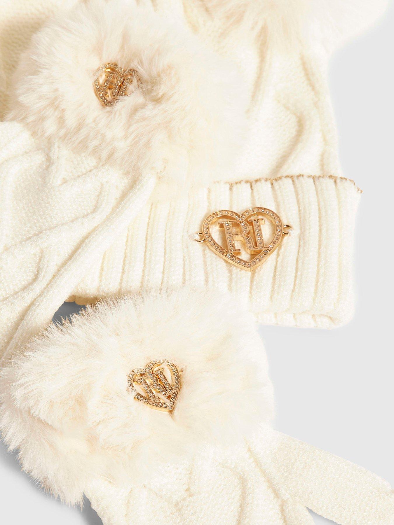 Image 2 of 2 of River Island Mini Mini Girls Pom Pom Beanie Set - Cream