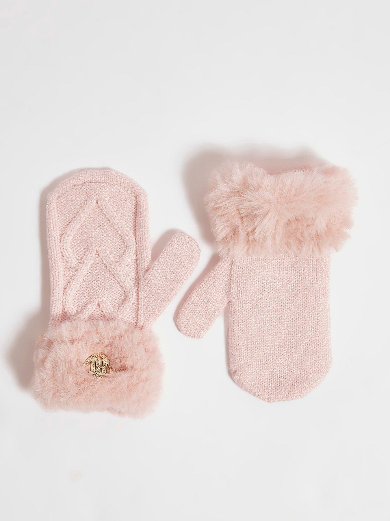 Image 1 of 2 of River Island Mini Girls River Island Mini Faux Fur Cuff Cable Knit Mittens - Pink