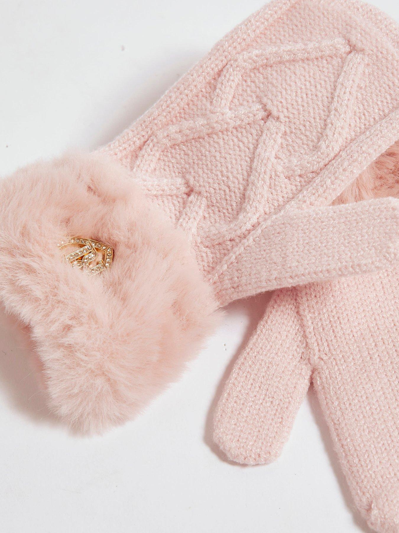Image 2 of 2 of River Island Mini Girls River Island Mini Faux Fur Cuff Cable Knit Mittens - Pink