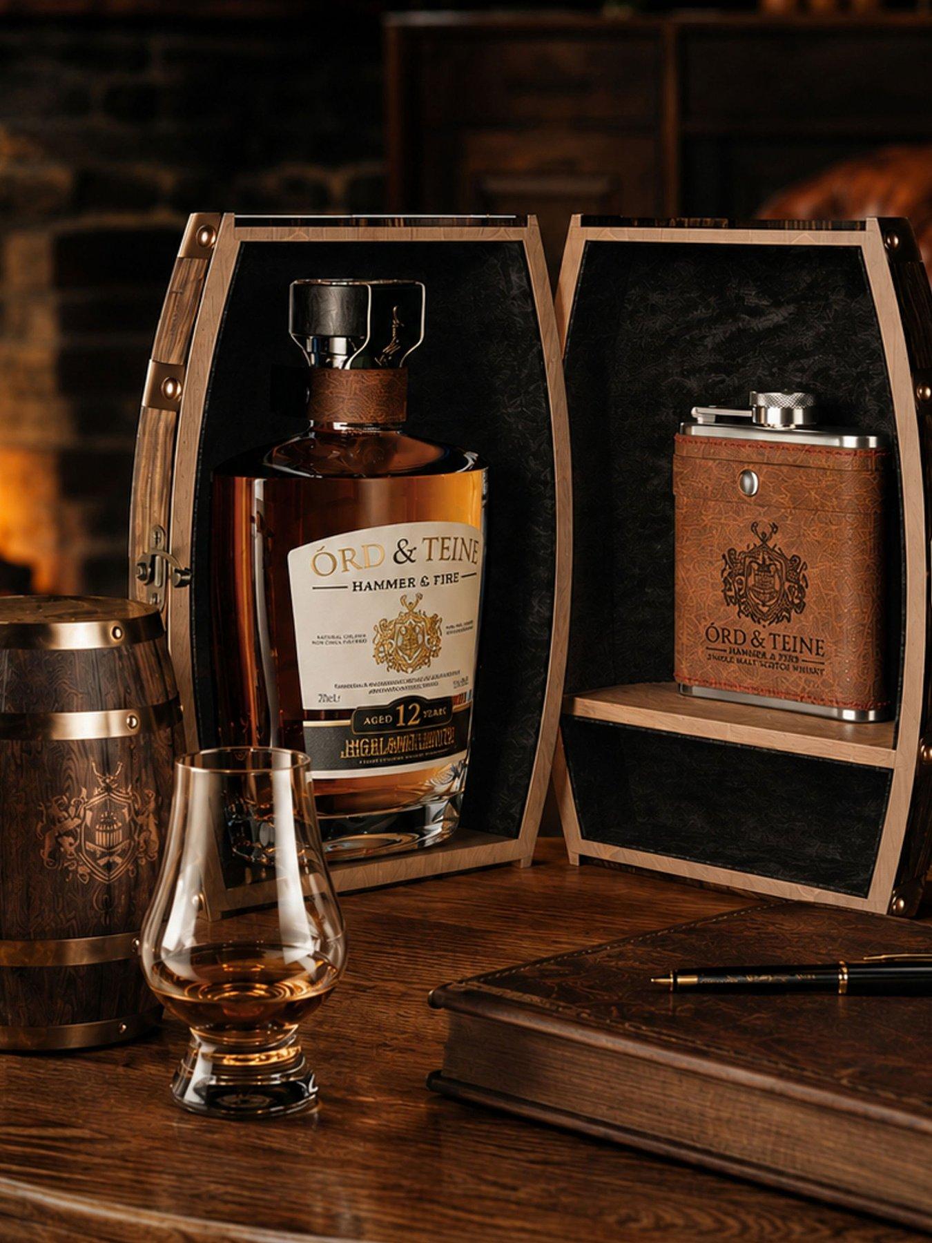 Image 1 of 1 of Ord & Teine Single Malt Scotch Whisky & Hip Flask Barrel Gift Set