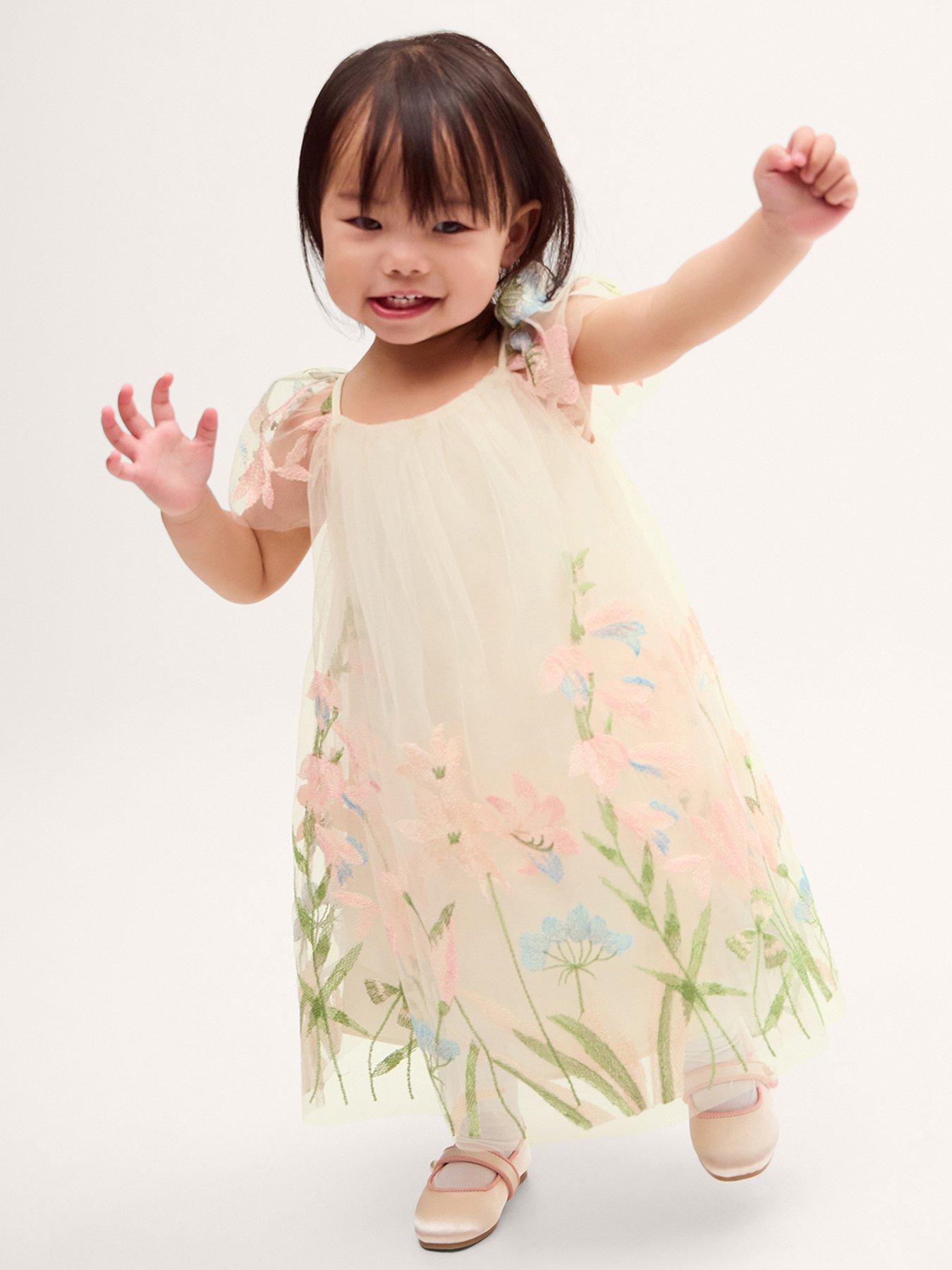 Monsoon Baby Girls Bryony Embroidered Flower Swing Dress, Cream, Size 2-3 Years