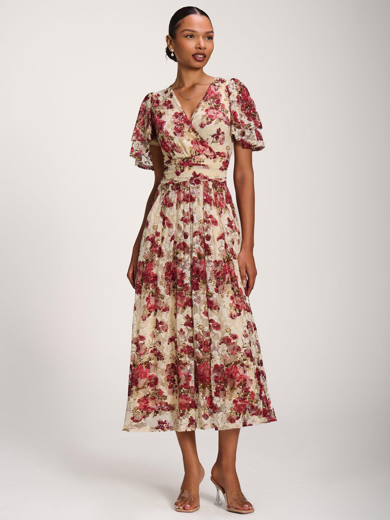 Jolie Moi Angel Sleeve Print Lace Maxi Dress - Beige Floral