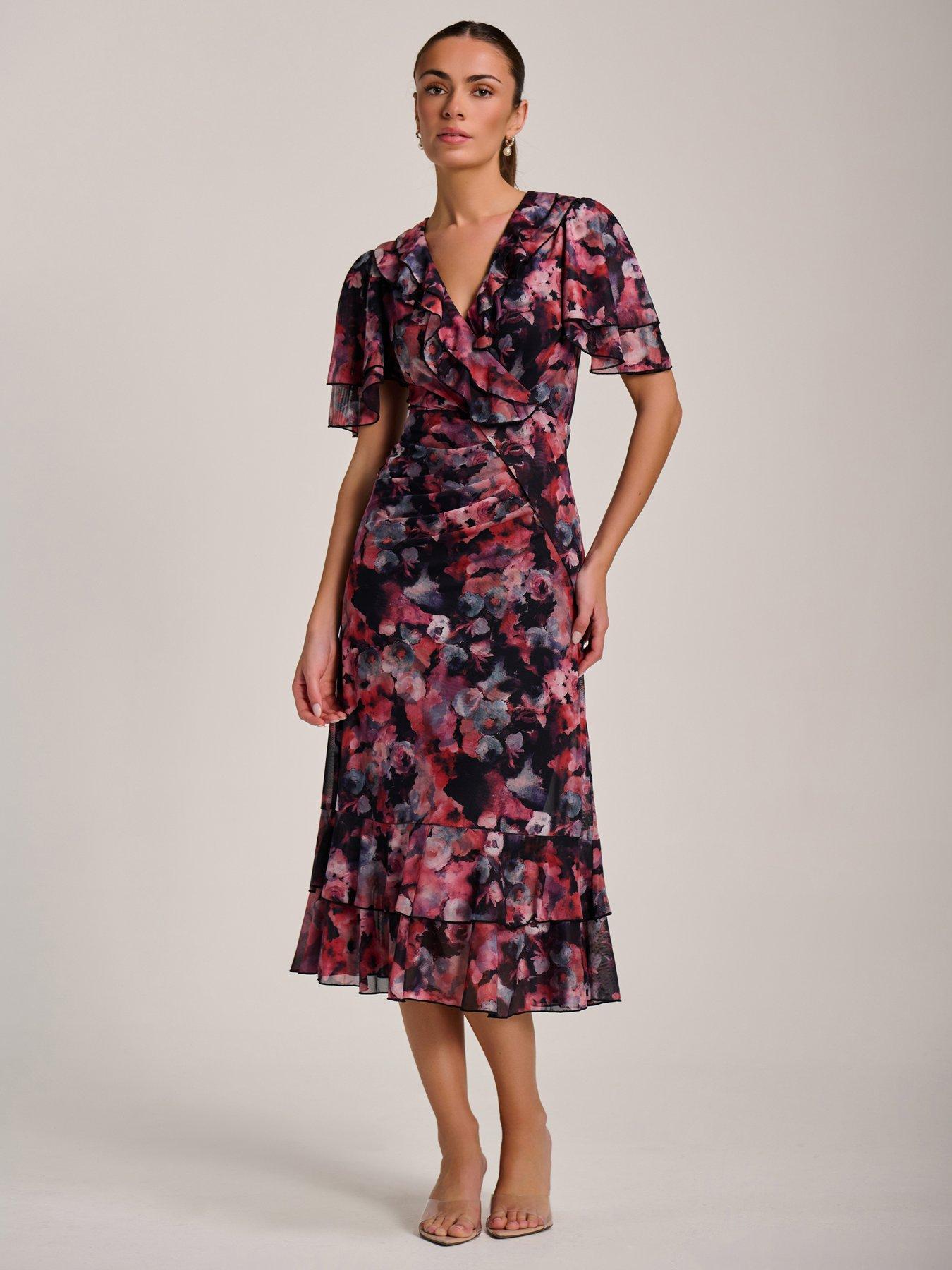 Jolie Moi Ruffle Detail Ruched Mesh Midaxi Dress