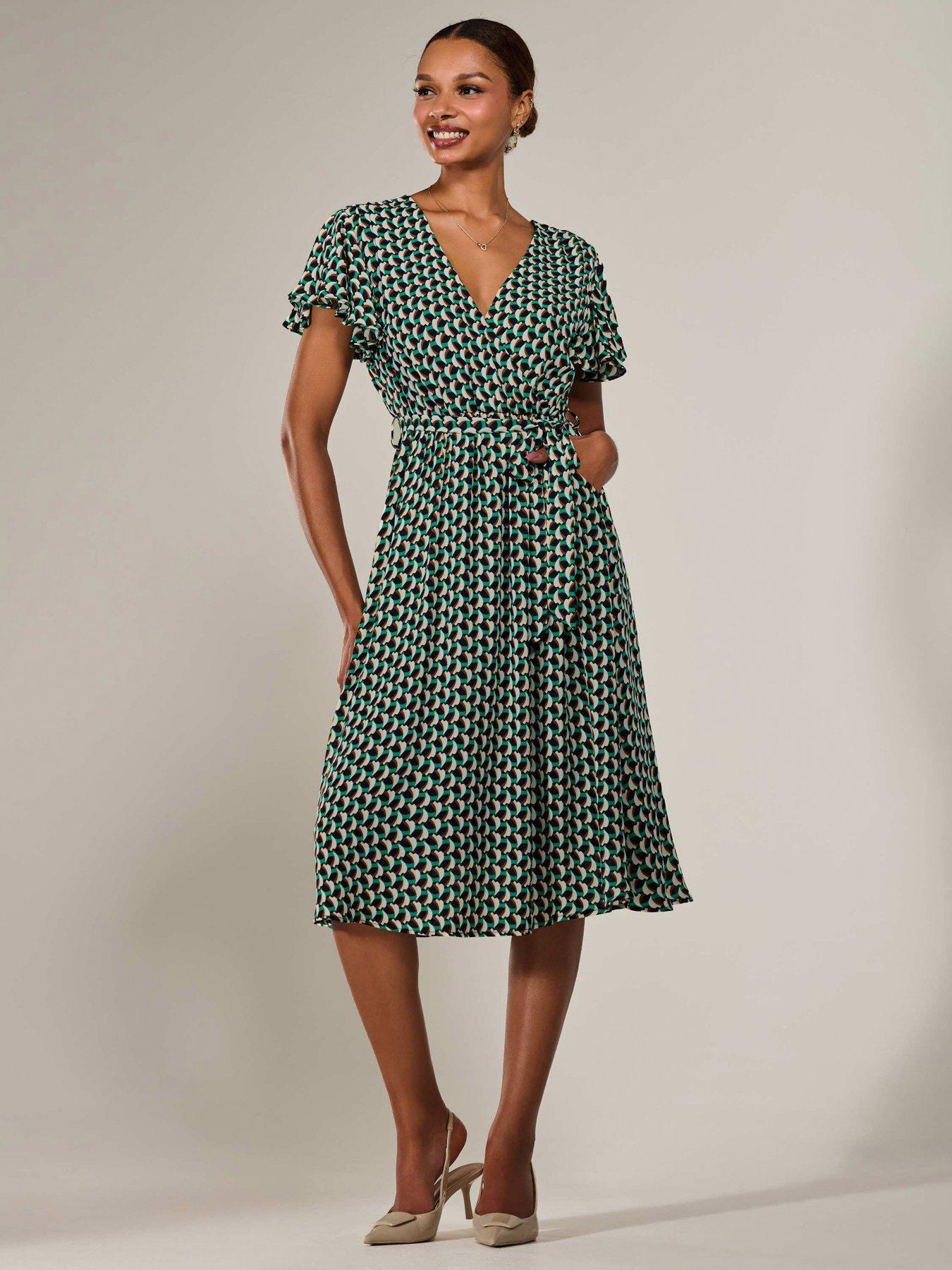 Jolie Moi Short Sleeve Side Tie Midi Dress - Green