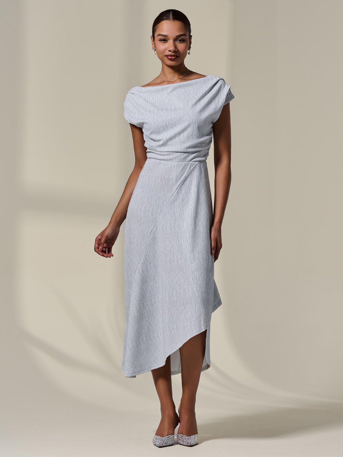 Image 1 of 7 of Jolie Moi Asymmetric Draped Midi Dress - White