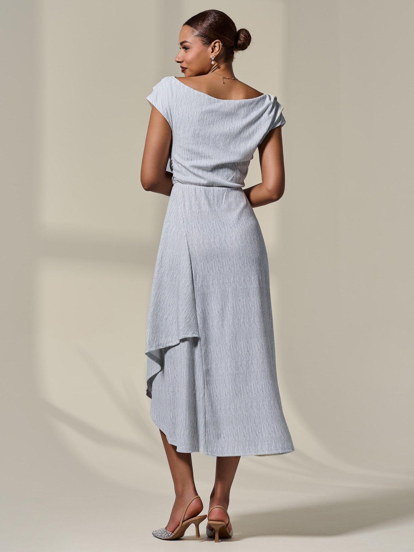 Image 2 of 7 of Jolie Moi Asymmetric Draped Midi Dress - White