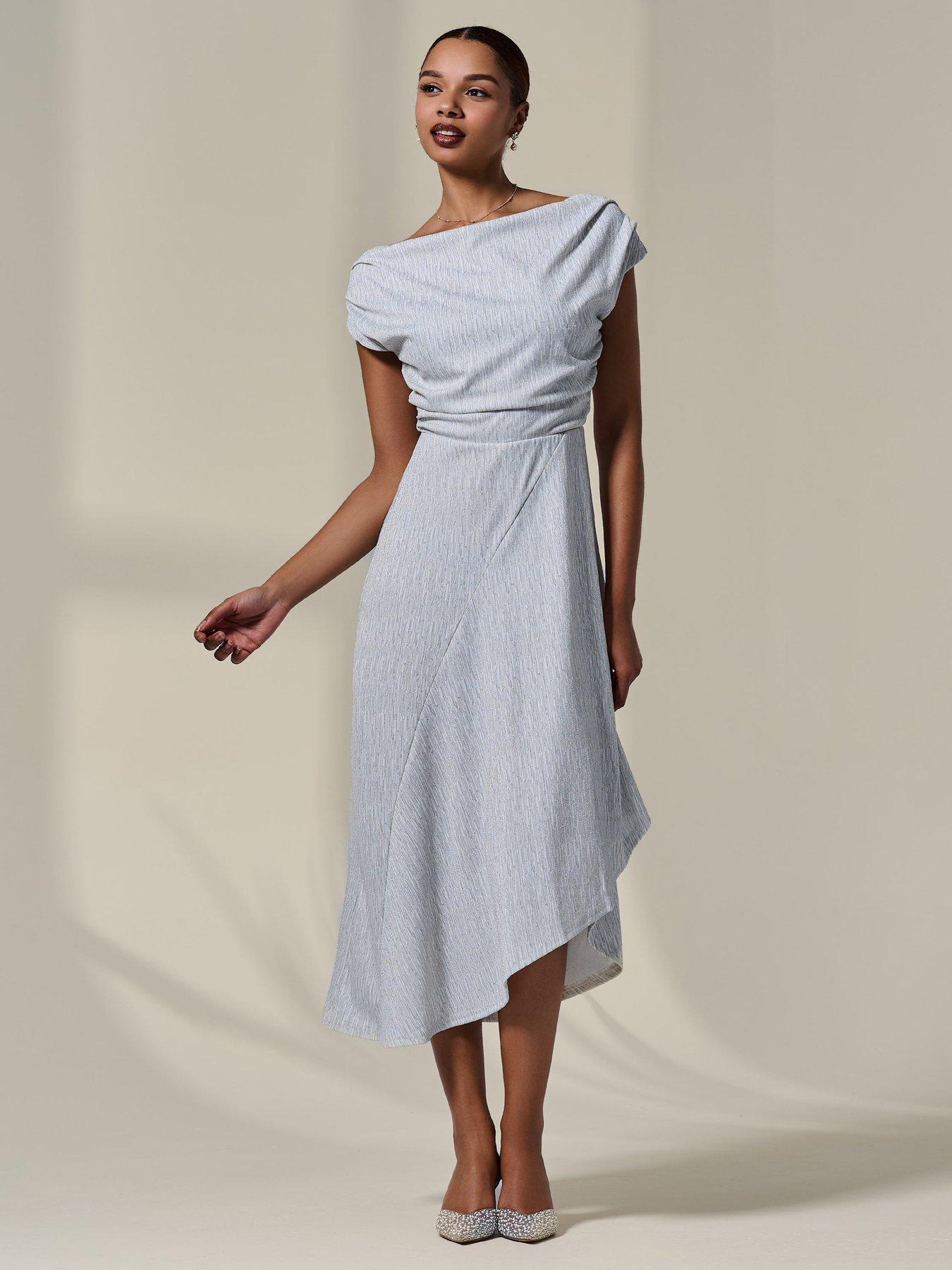 Image 3 of 7 of Jolie Moi Asymmetric Draped Midi Dress - White