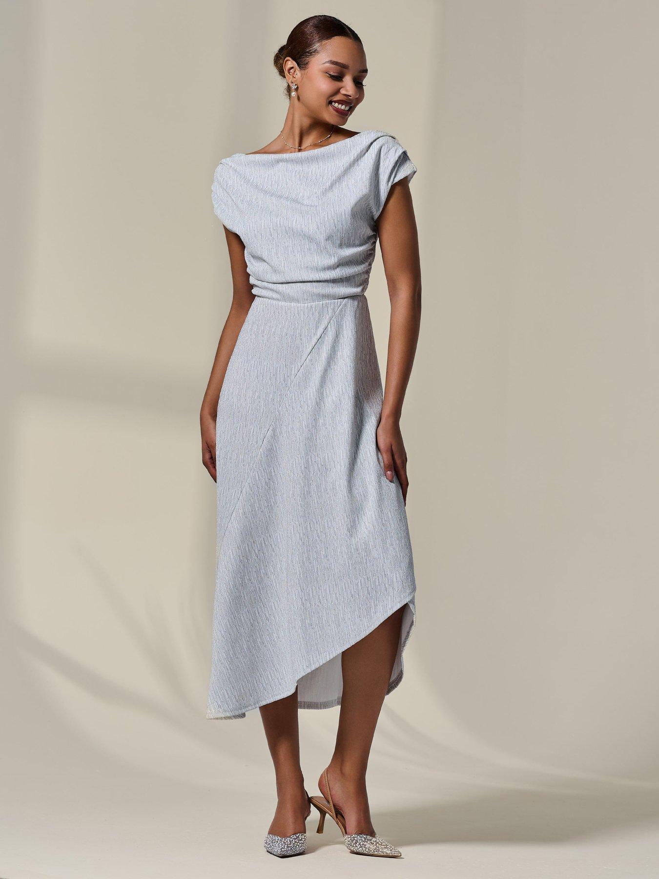 Image 5 of 7 of Jolie Moi Asymmetric Draped Midi Dress - White
