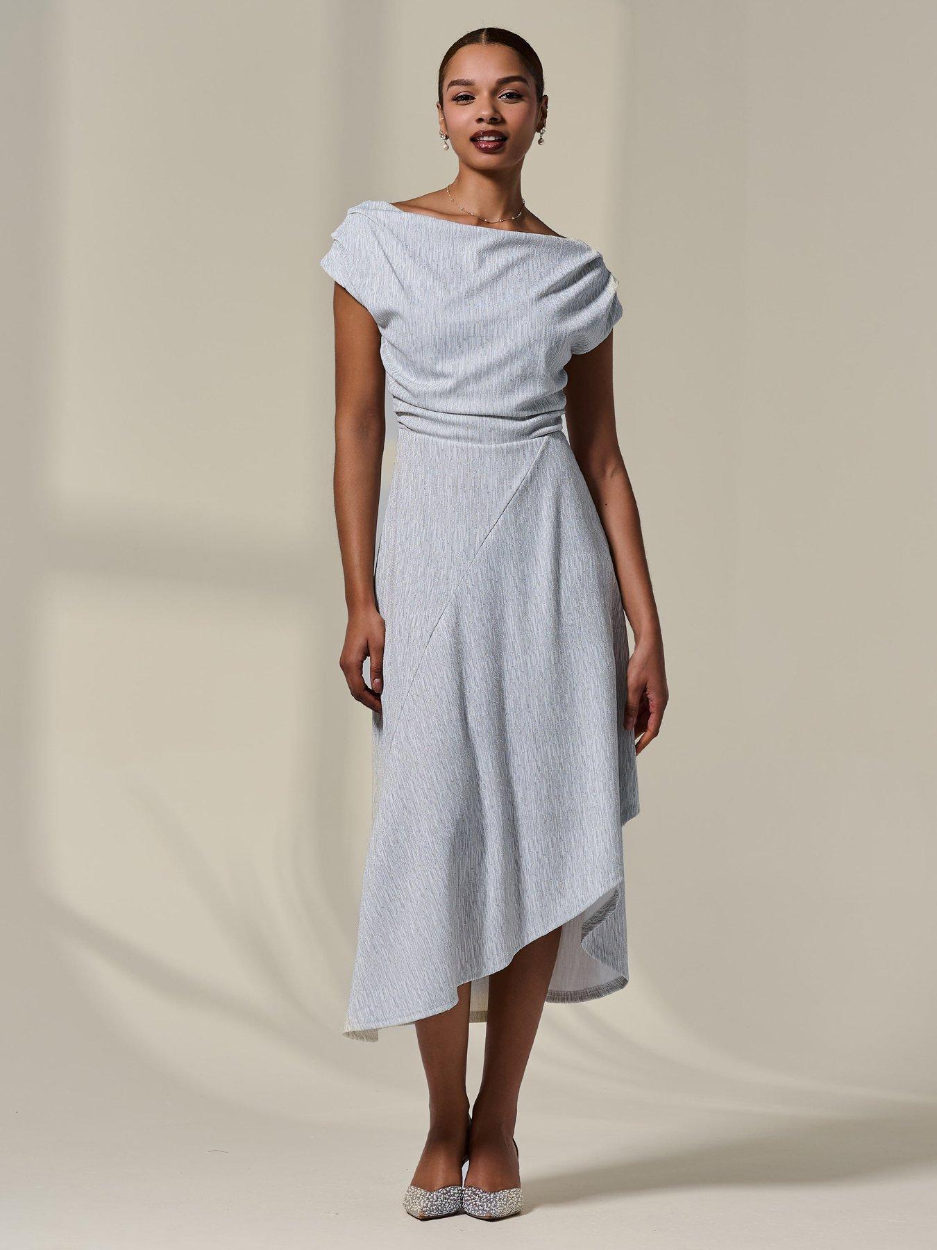 Image 6 of 7 of Jolie Moi Asymmetric Draped Midi Dress - White