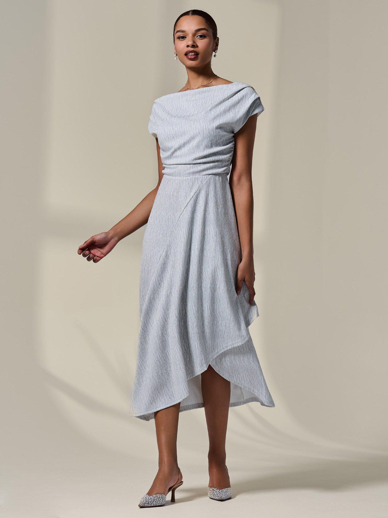 Image 7 of 7 of Jolie Moi Asymmetric Draped Midi Dress - White