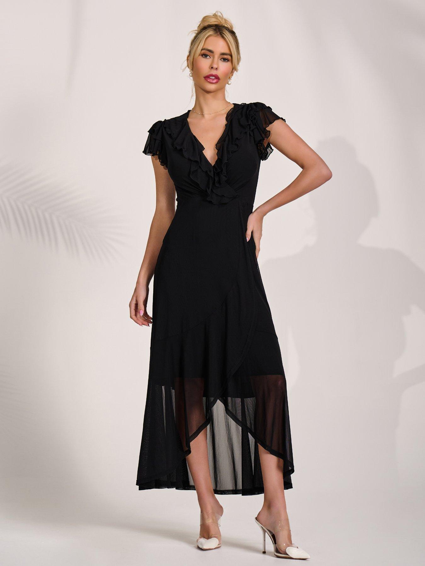 Jolie Moi Ruffled Mesh Maxi Dress - Black