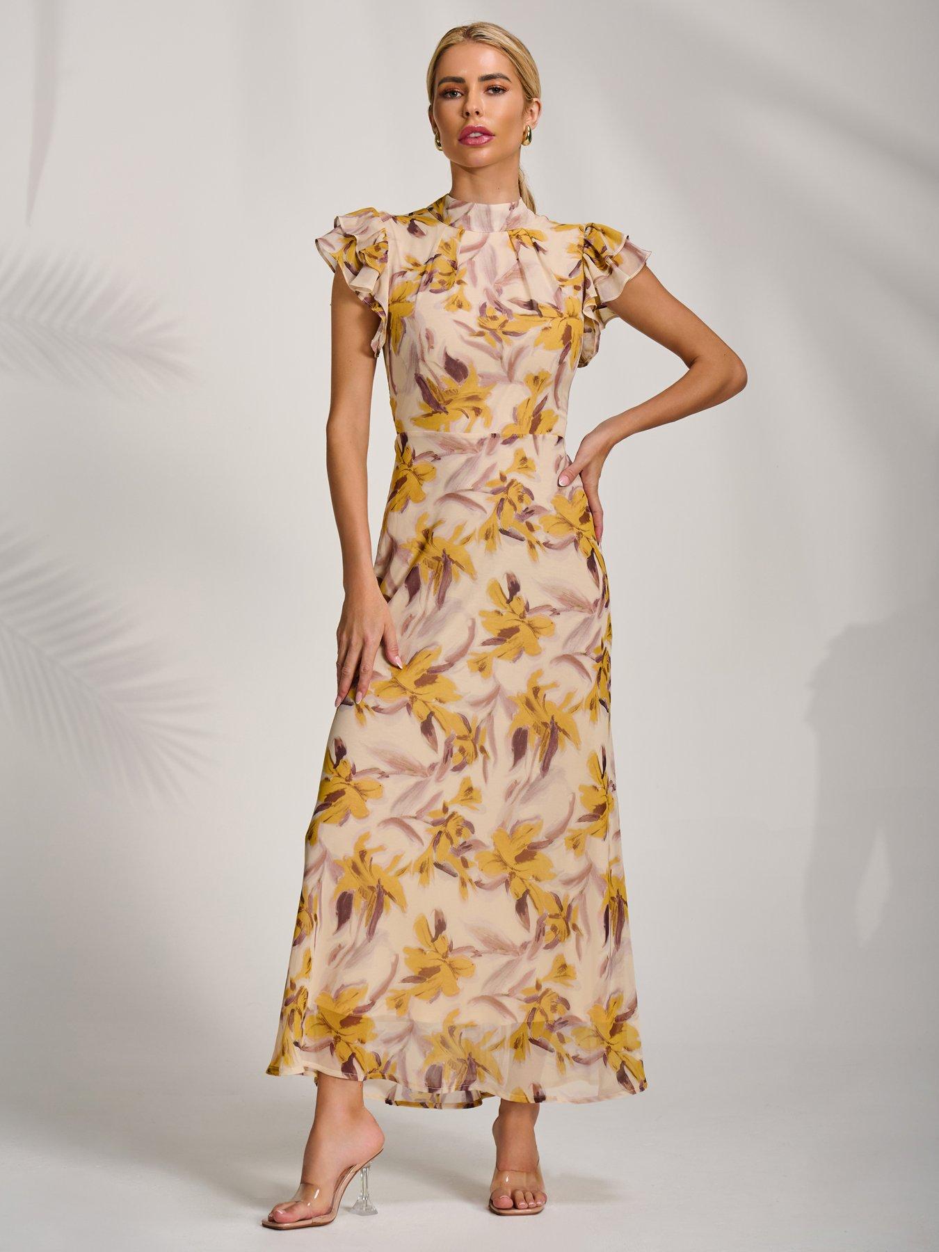 Jolie Moi High Neck Ruffle Sleeve Chiffon Maxi Dress