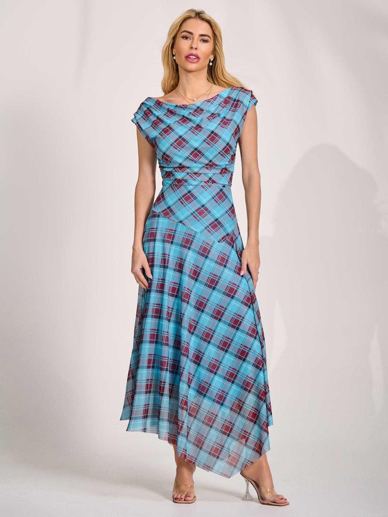 Image 1 of 7 of Jolie Moi Asymmetric Draped Mesh Maxi Dress - Blue Check