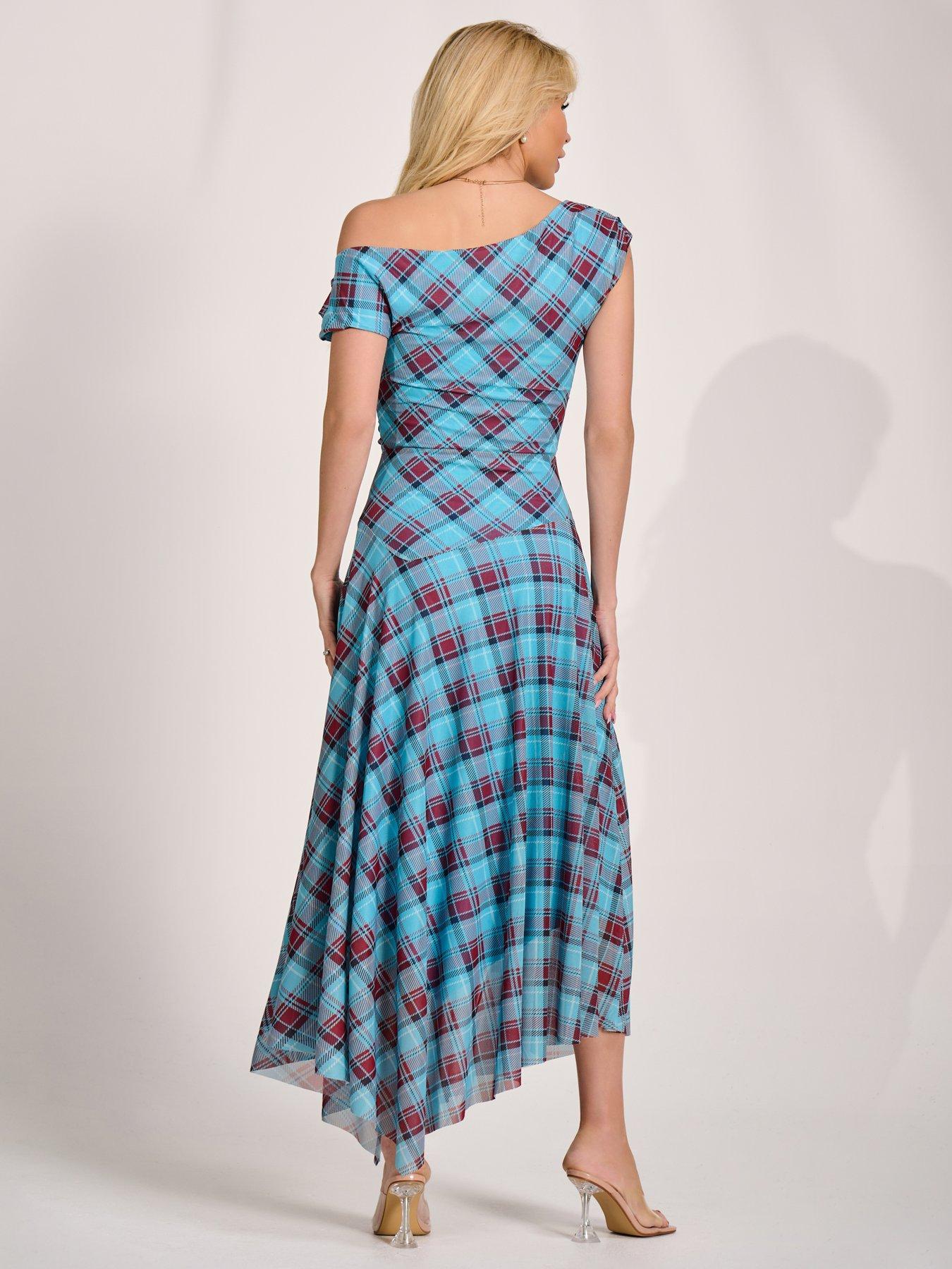 Image 2 of 7 of Jolie Moi Asymmetric Draped Mesh Maxi Dress - Blue Check