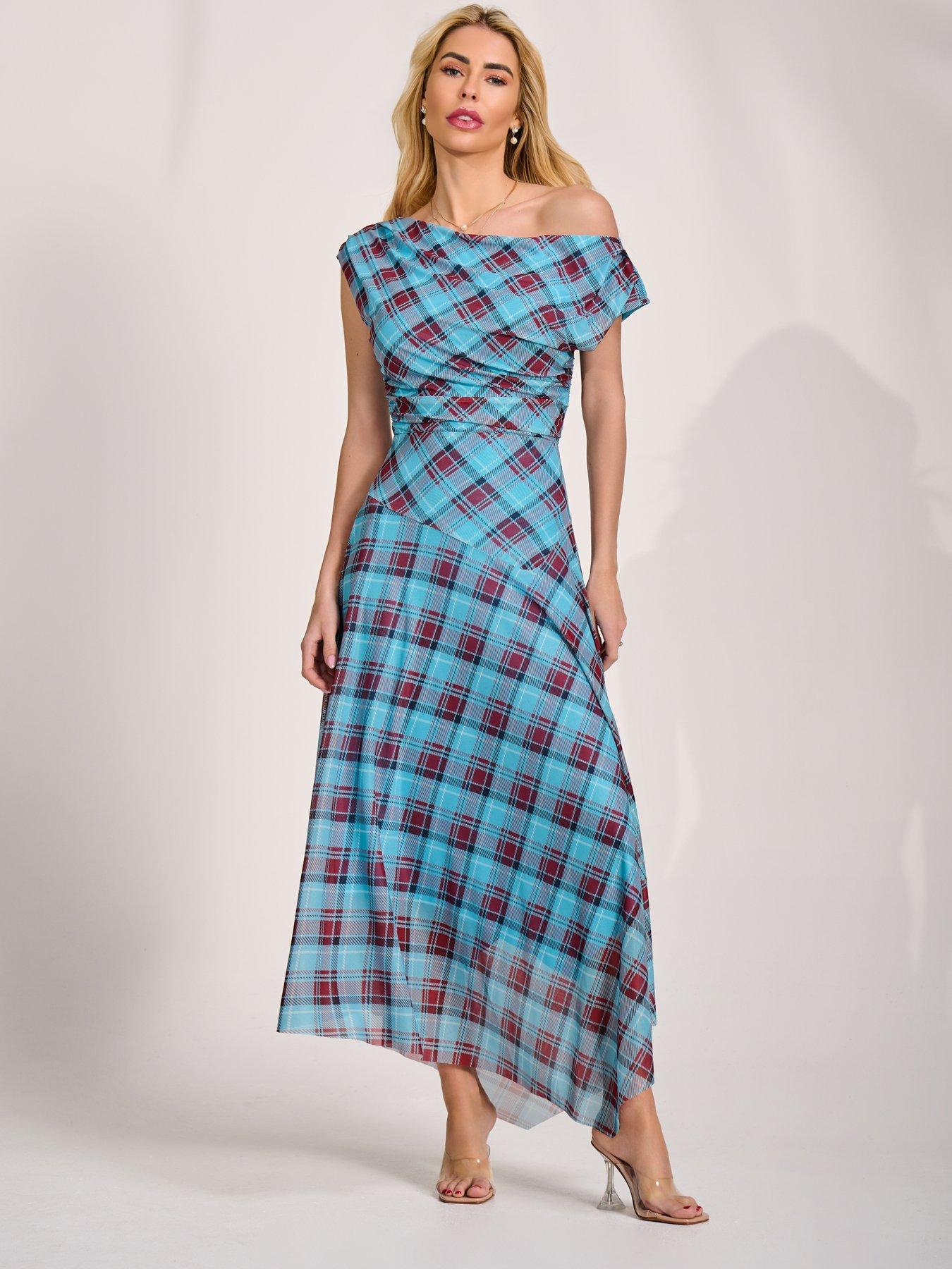 Image 3 of 7 of Jolie Moi Asymmetric Draped Mesh Maxi Dress - Blue Check