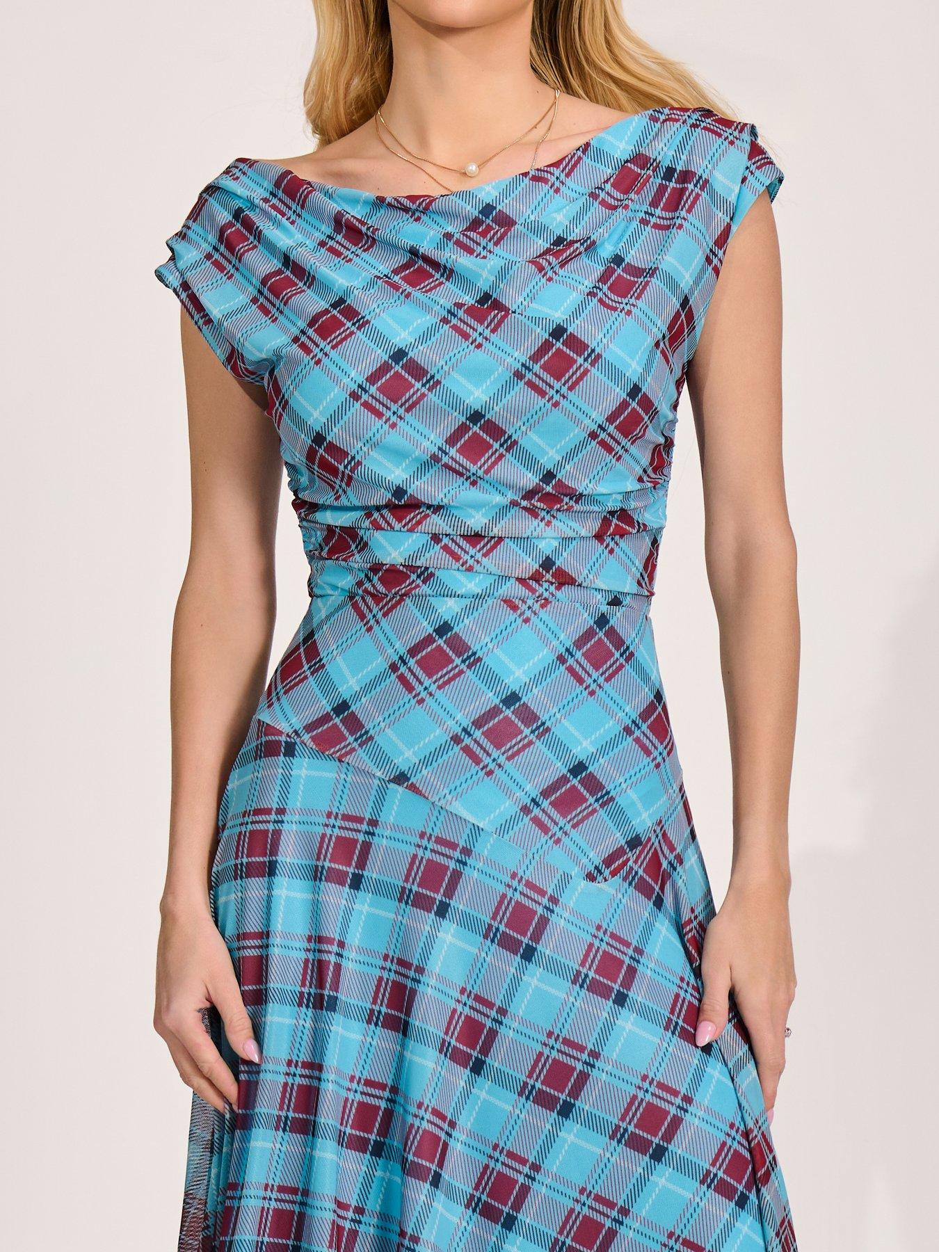 Image 4 of 7 of Jolie Moi Asymmetric Draped Mesh Maxi Dress - Blue Check