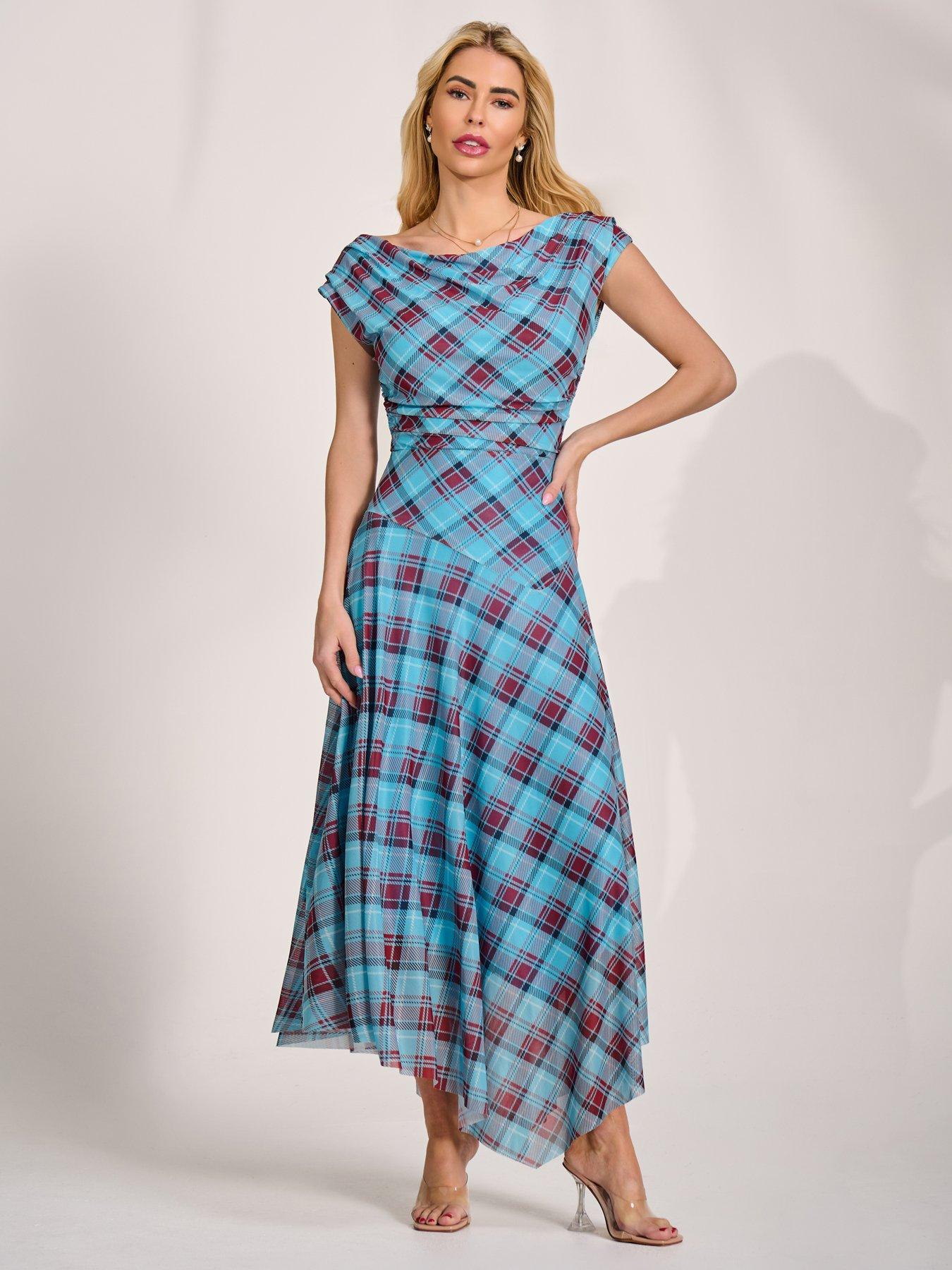 Image 5 of 7 of Jolie Moi Asymmetric Draped Mesh Maxi Dress - Blue Check