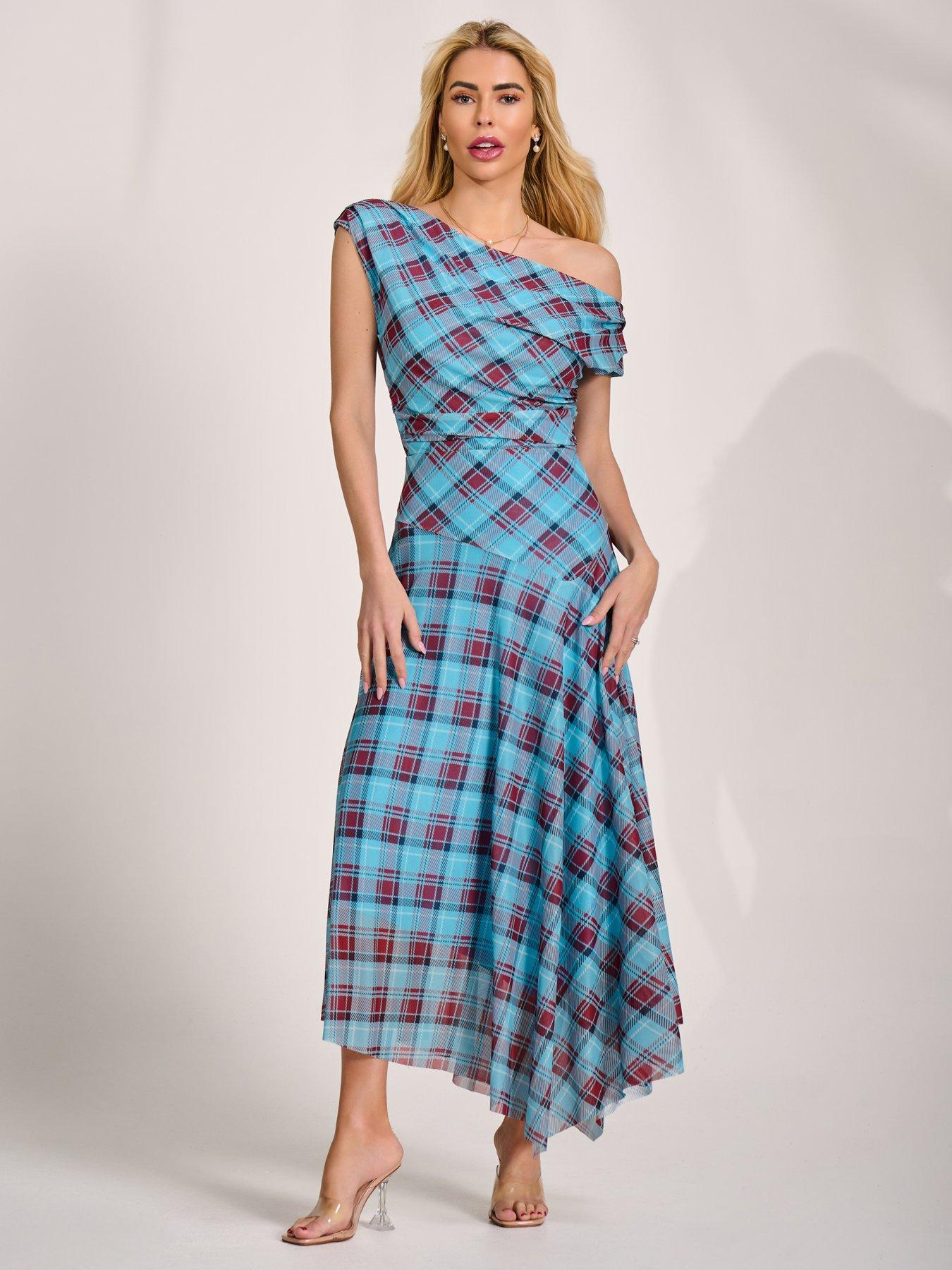 Image 6 of 7 of Jolie Moi Asymmetric Draped Mesh Maxi Dress - Blue Check