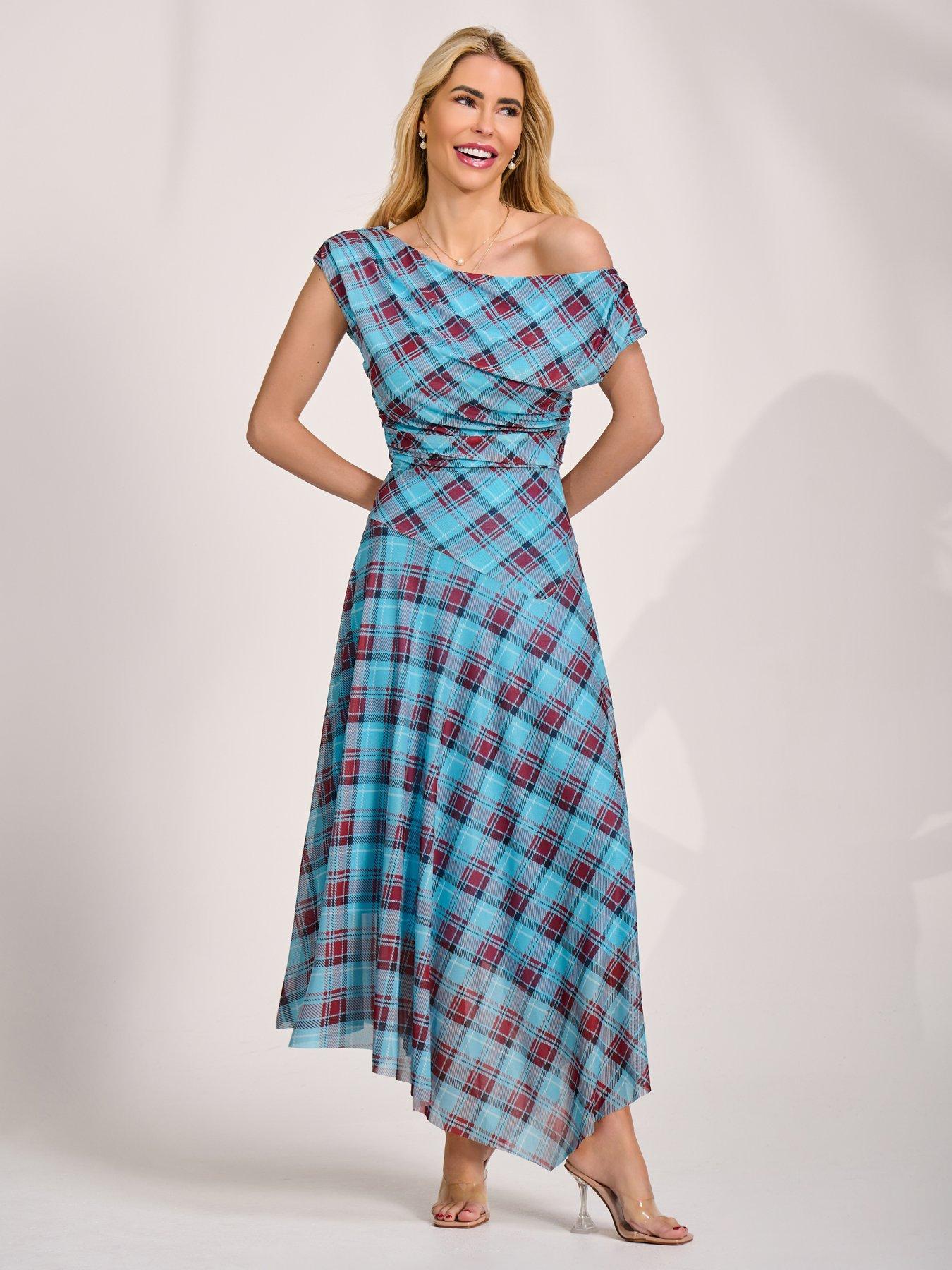 Image 7 of 7 of Jolie Moi Asymmetric Draped Mesh Maxi Dress - Blue Check